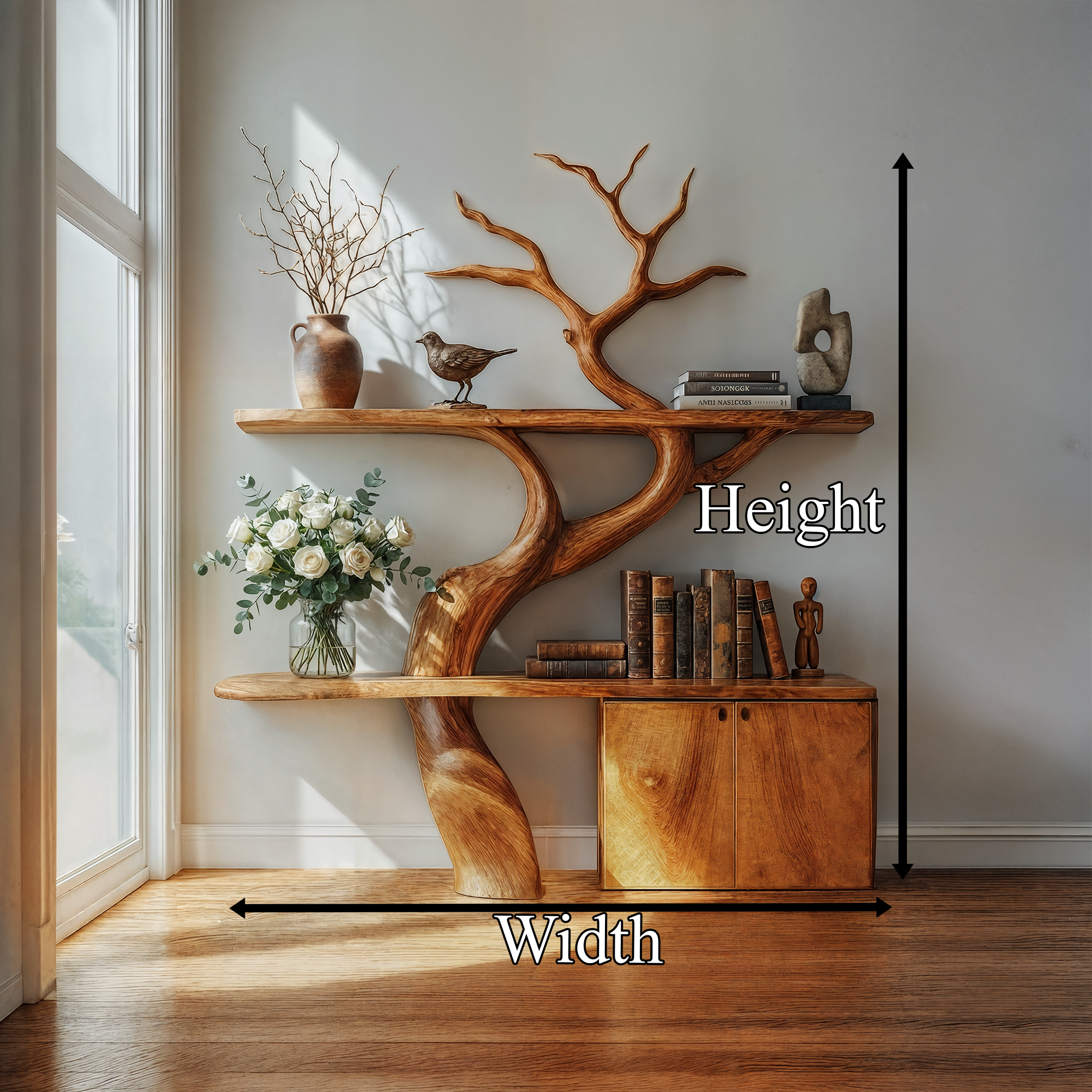 Rustic Tree Branch Bookshelf With Storage Cabinet For Living Room And Bedroom Space SINLKITB714