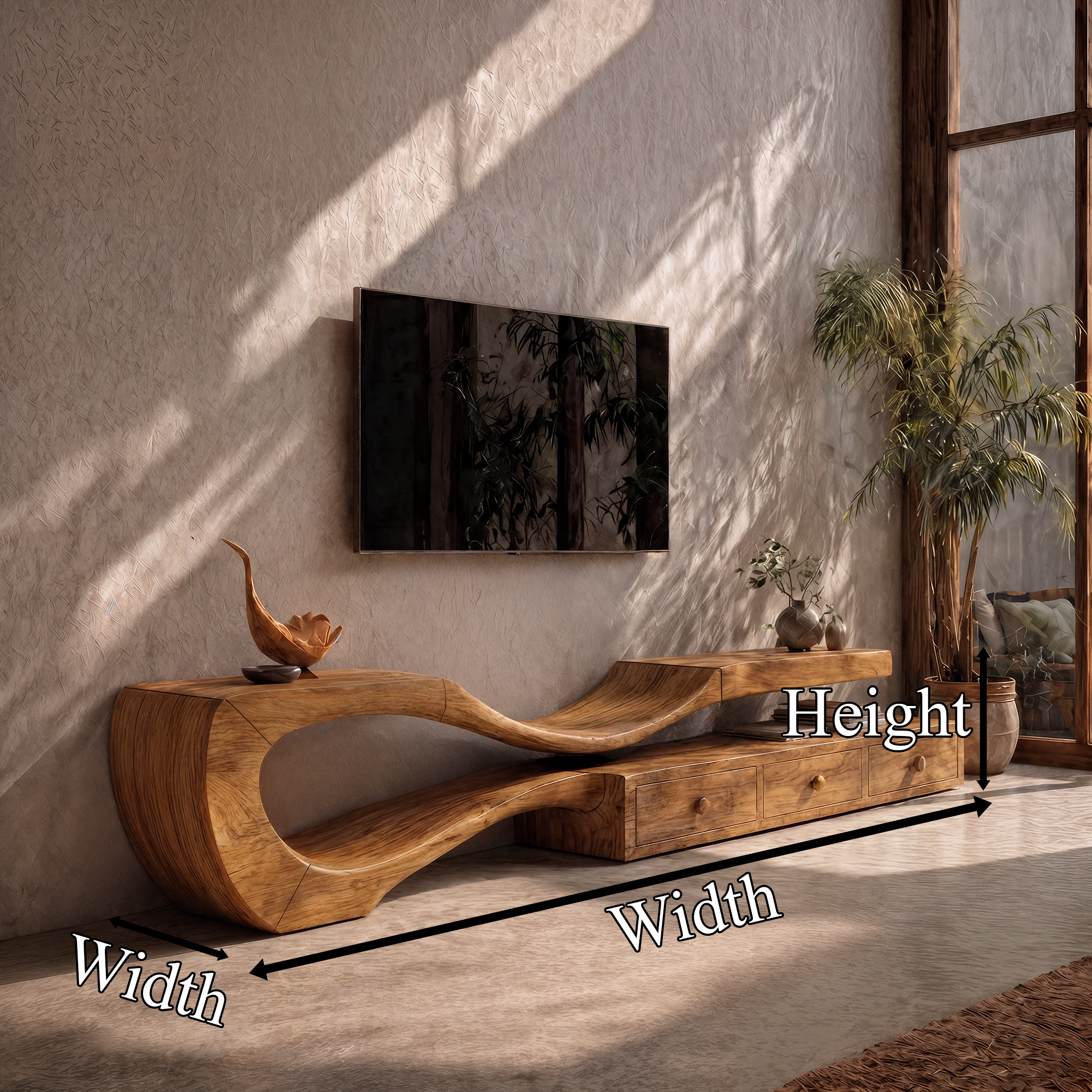 Modern TV Cabinet With Sculptural Curved Wood Base And Built In Storage Drawers For Living Room SINLKITC031