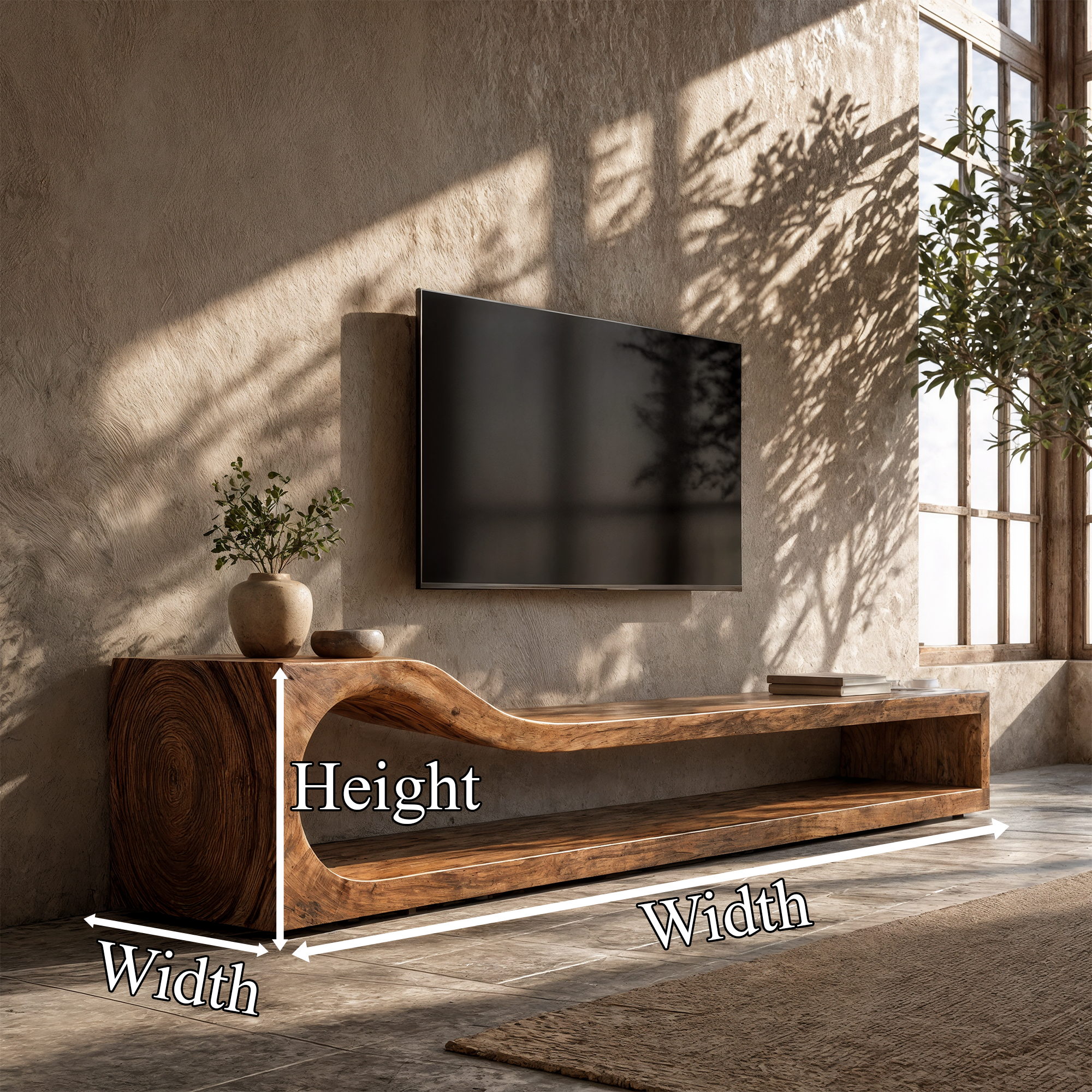Organic TV Cabinet With Sculptural Wave Wood Base And Solid Wood Media Console For Living Room SINLKITC033