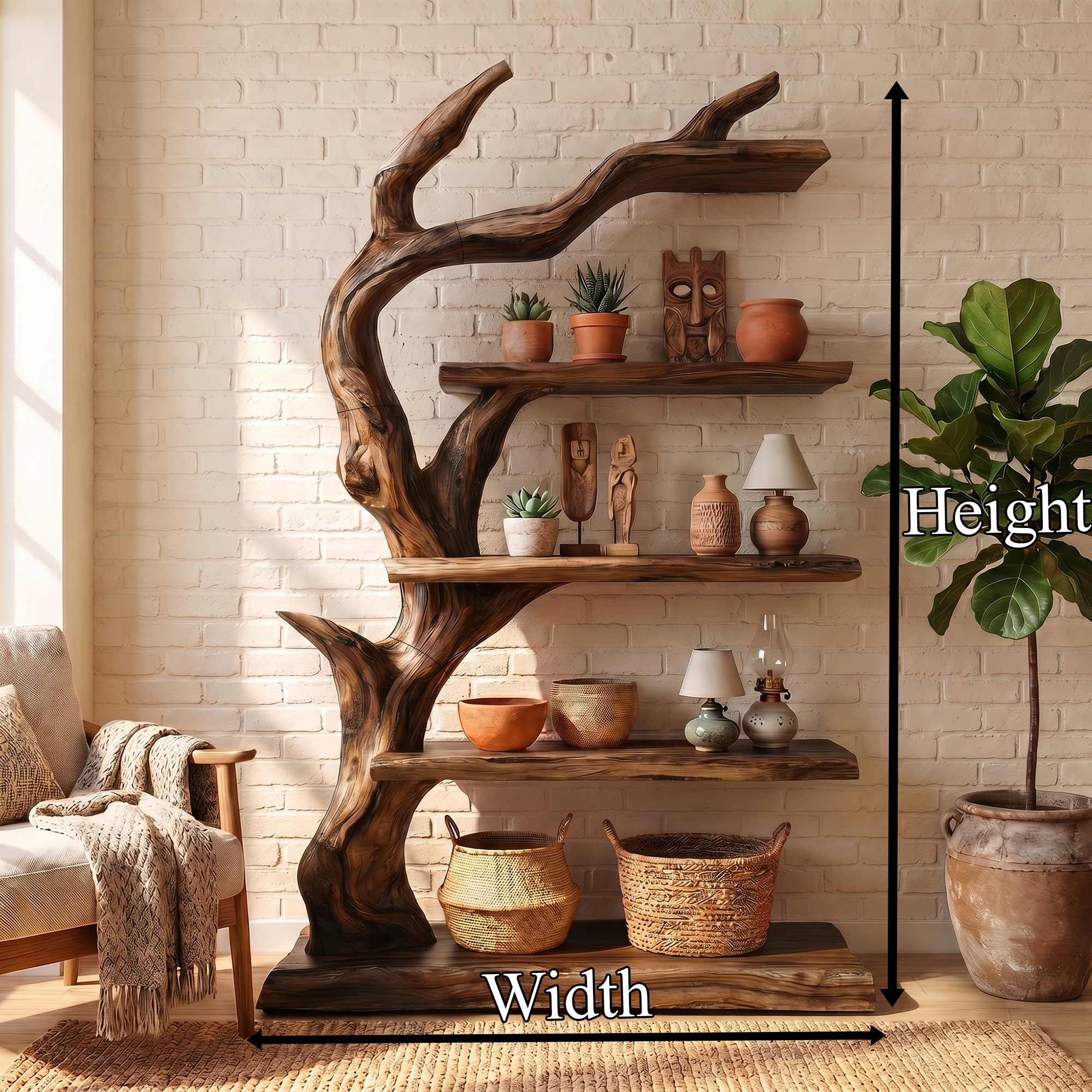 Rustic Tree Bookshelf With Handcrafted Branch Design And Open Display Shelves For Living Room SINLKITB736