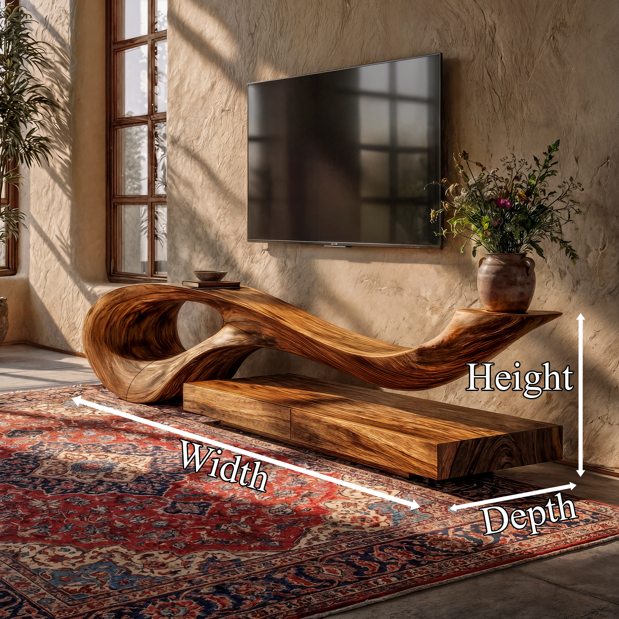 Sculptural TV Cabinet With Unique Flowing Curve Wood Base And Solid Wood Media Console For Living Room SINLKITC036