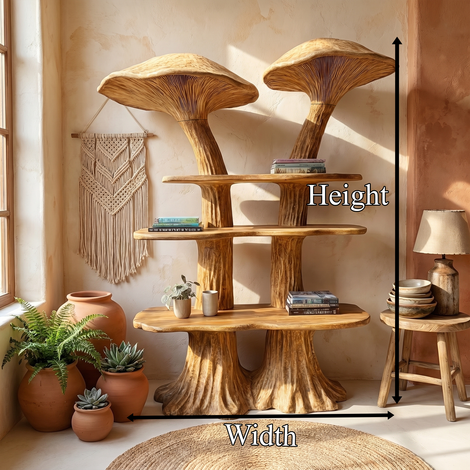 Rustic Mushroom Bookshelf With Handcrafted Solid Wood Shelves For Living Room SINLKITB741