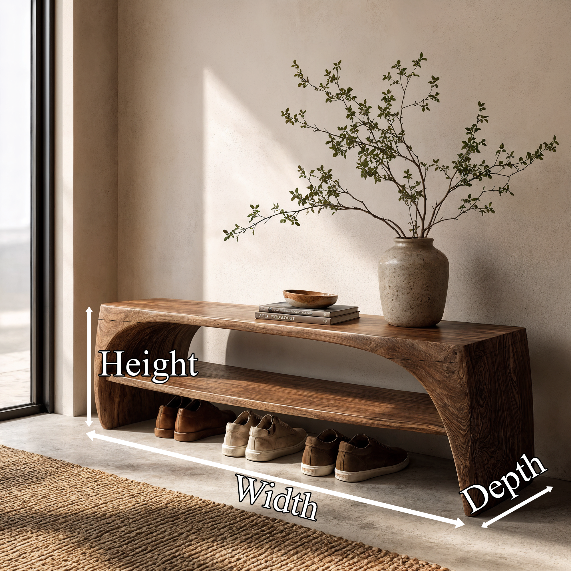 Rustic Live Edge Bench With Open Shoe Storage Shelf For Entryway SINLKIRS113