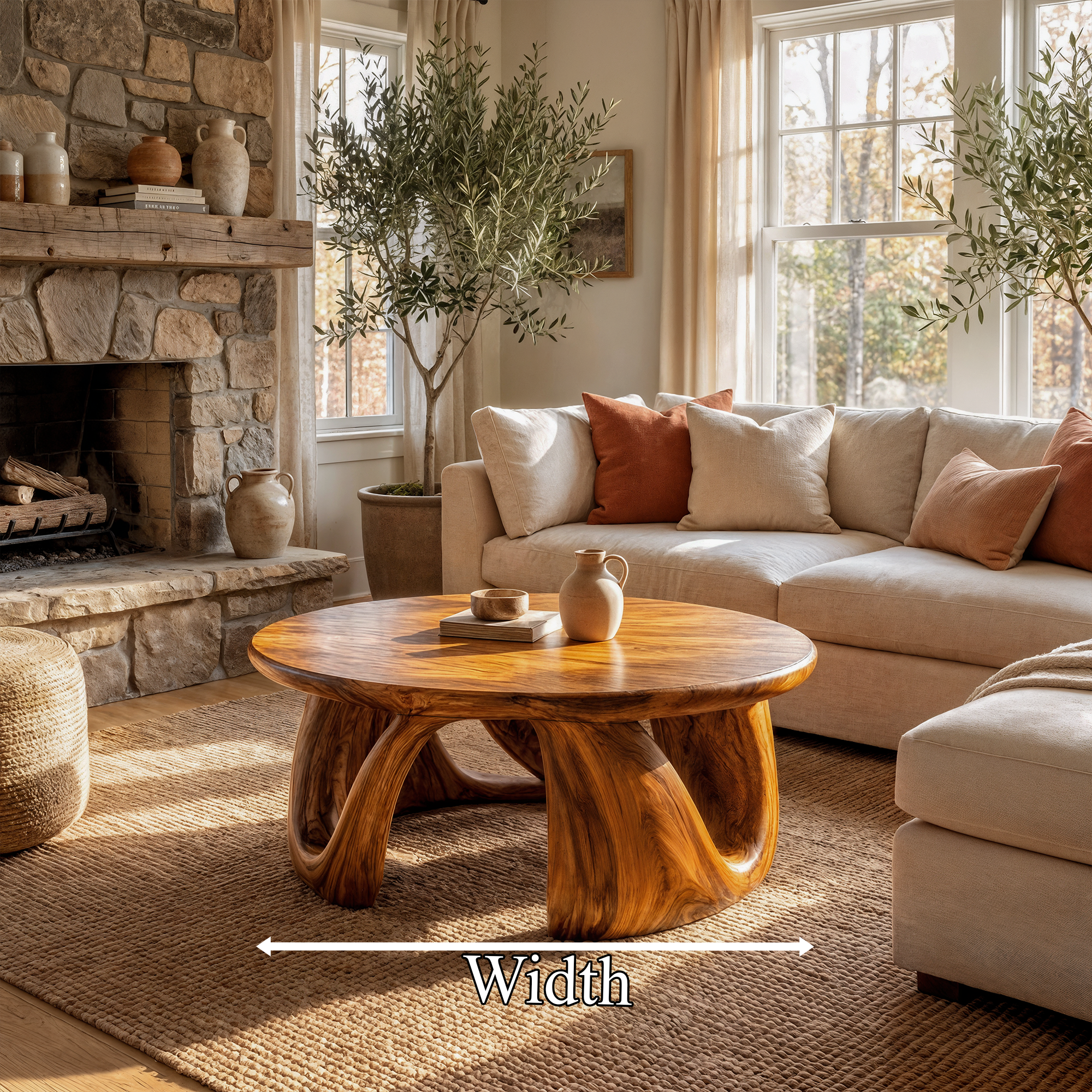 Organic Modern Coffee Table With Round Wood Top And Artistic Curved Base For Living Room SINLKICF379