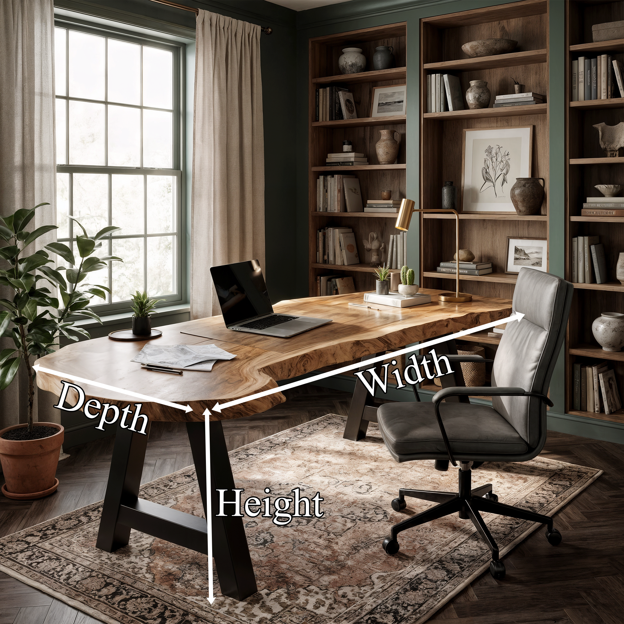 Rustic Writing Desk With Live Edge Wood Top And Metal Legs For Home Office SINLKIDK158