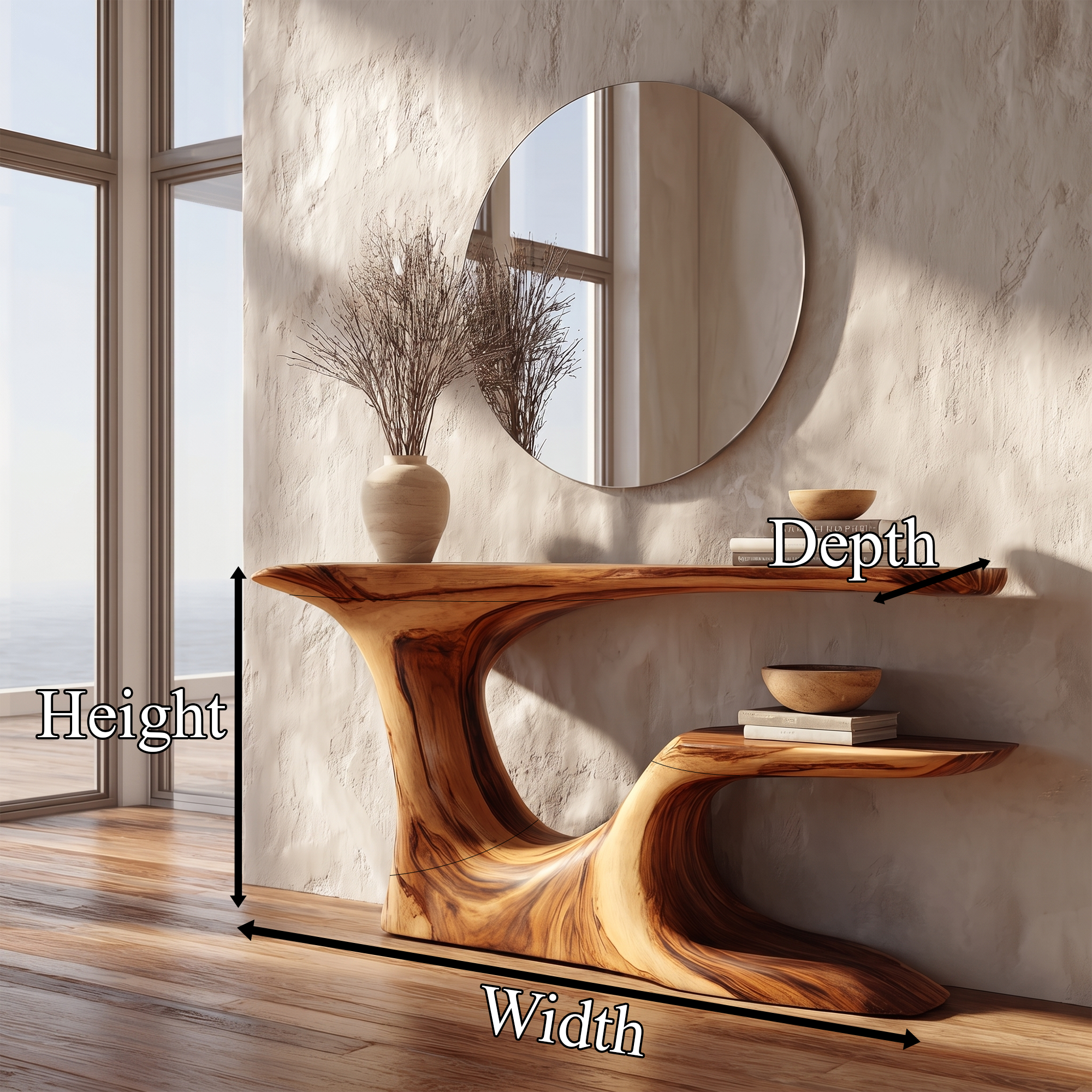 Rustic Organic Console Table With Live Edge Top And Sculptural Solid Wood Base For Entryway SINLKICS603