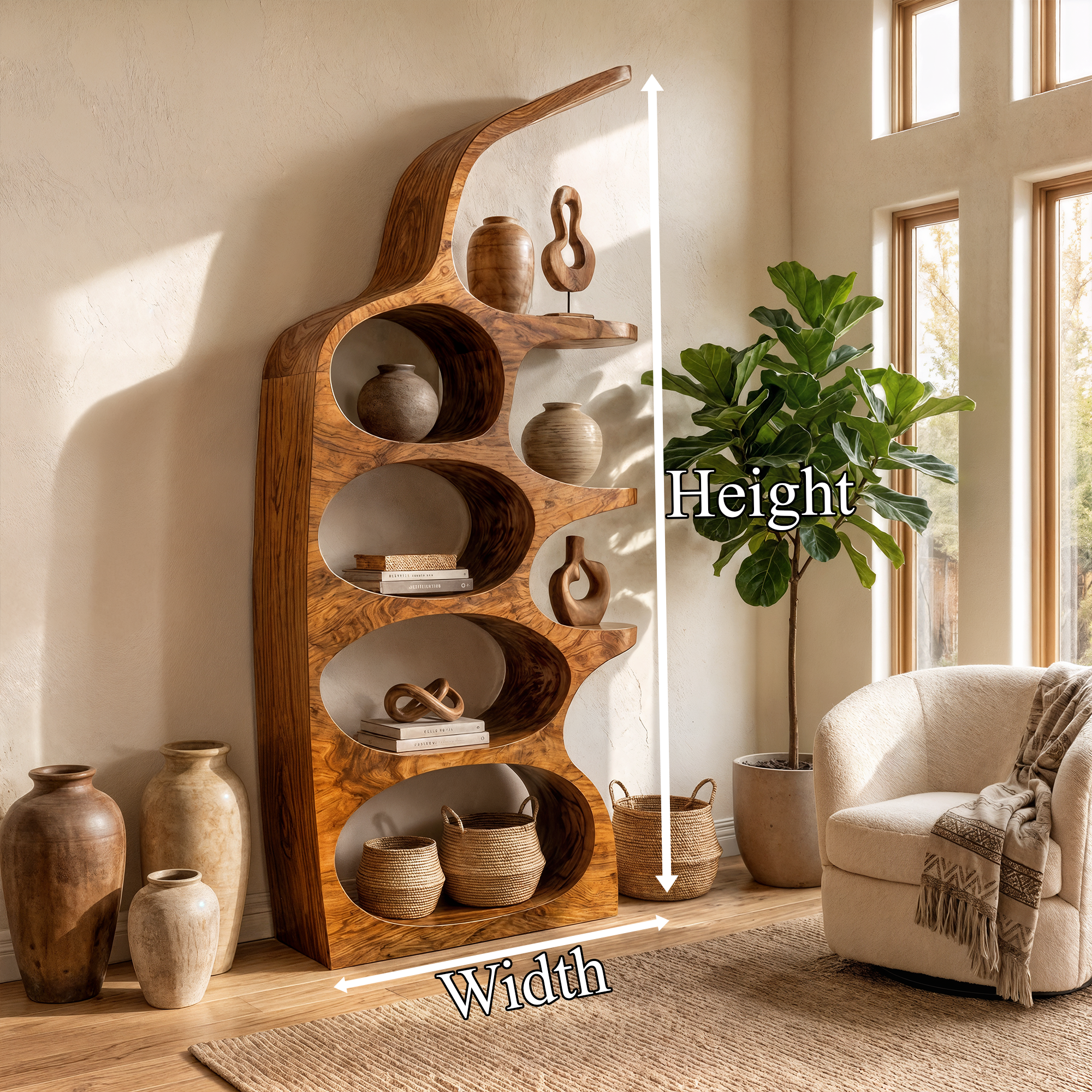 Modern Sculptural Bookshelf With Curved Open Shelves And Solid Wood Design For Living Room SINLKIBS036