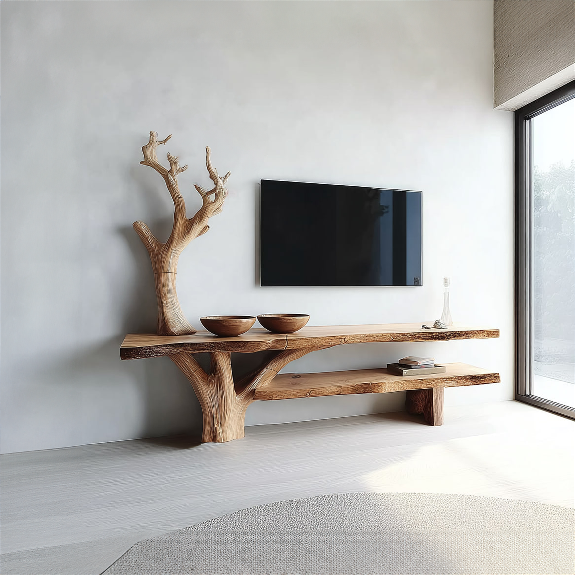 Rustic TV Console Table Sculpted Wood Base Living Room SINLKICS308