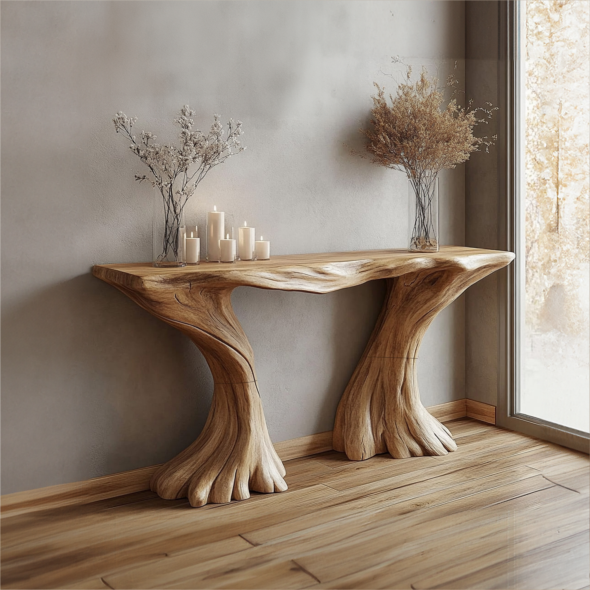 Rustic Console Table Sculptural Hourglass Base Luxury Foyer SINLKICS350