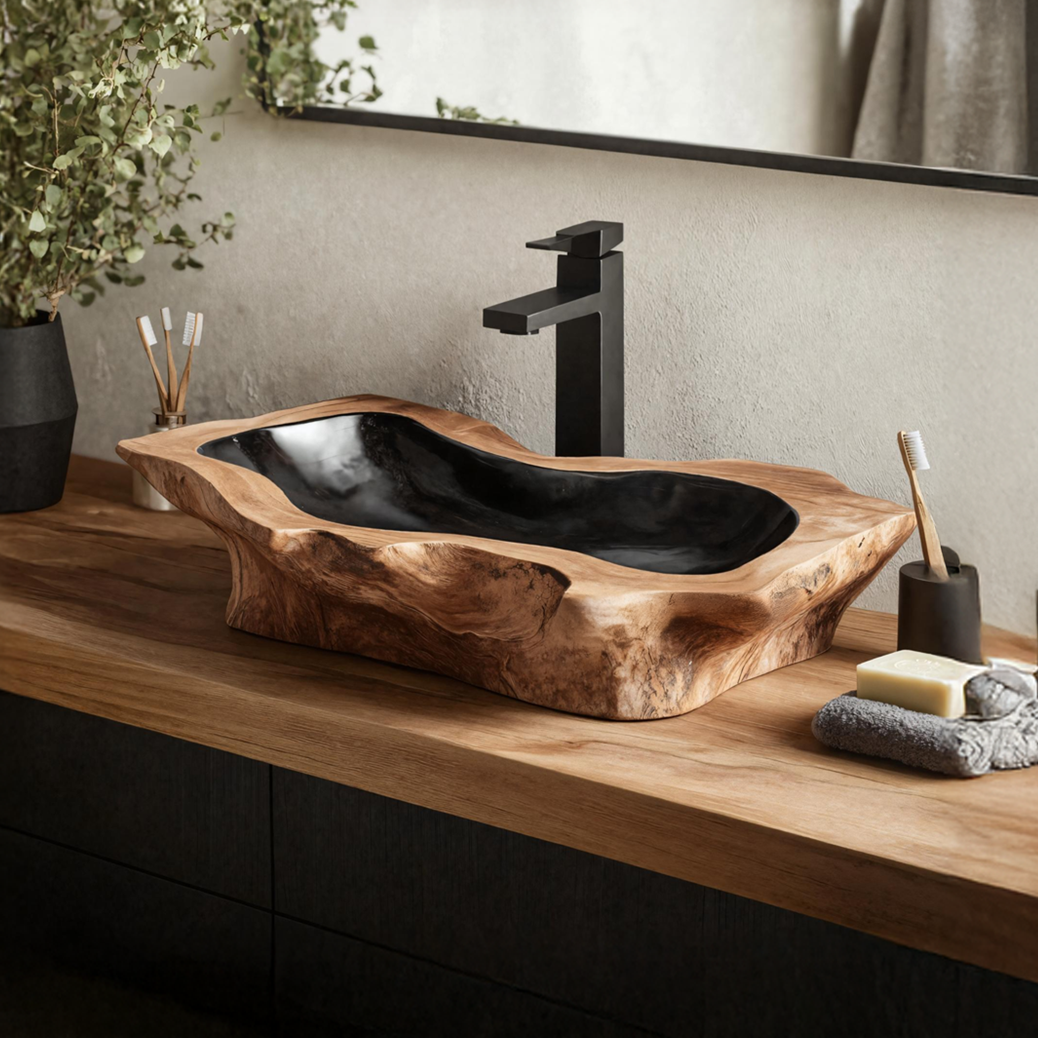 Rustic Handcrafted Wooden Vessel Sink For Bathroom Decor SILDTTNVS023