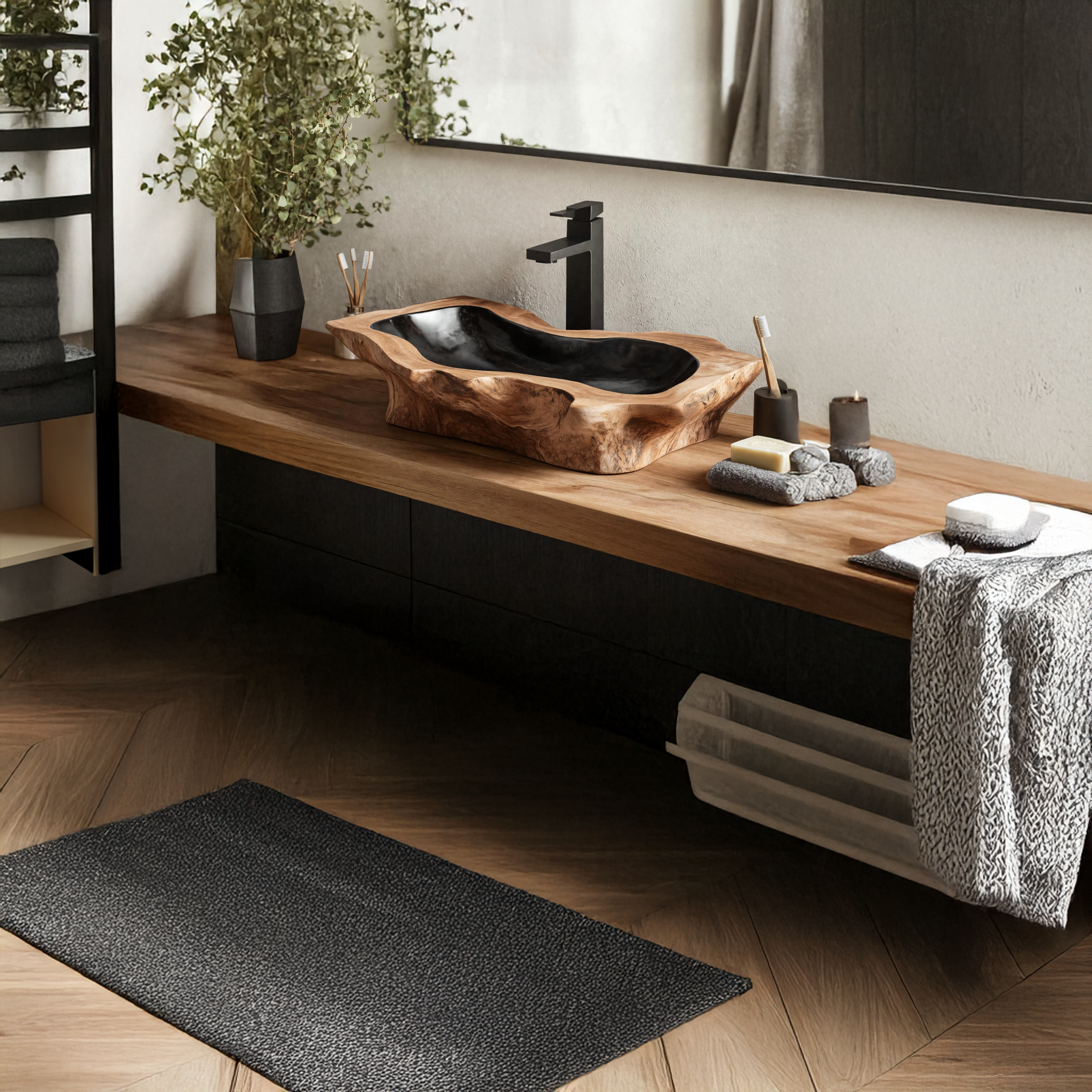 Rustic Handcrafted Wooden Vessel Sink For Bathroom Decor SILDTTNVS023