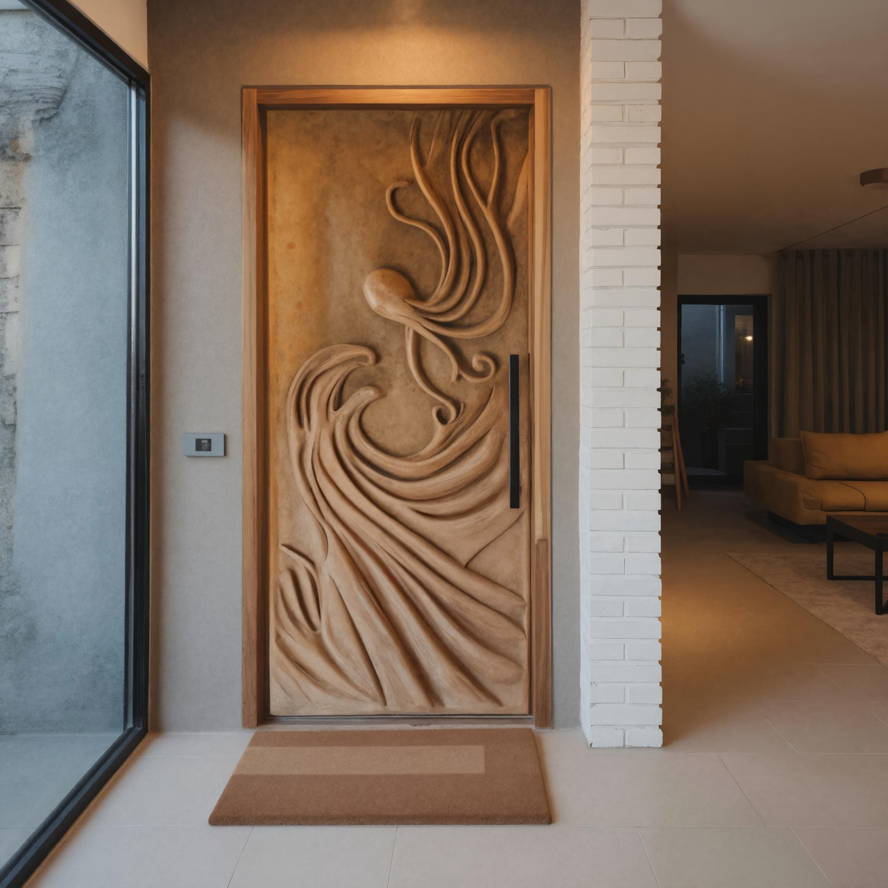 Artistic Carved Door with Water Wave And Octopus Design For Entrance And Front Door SITHHNDOR016