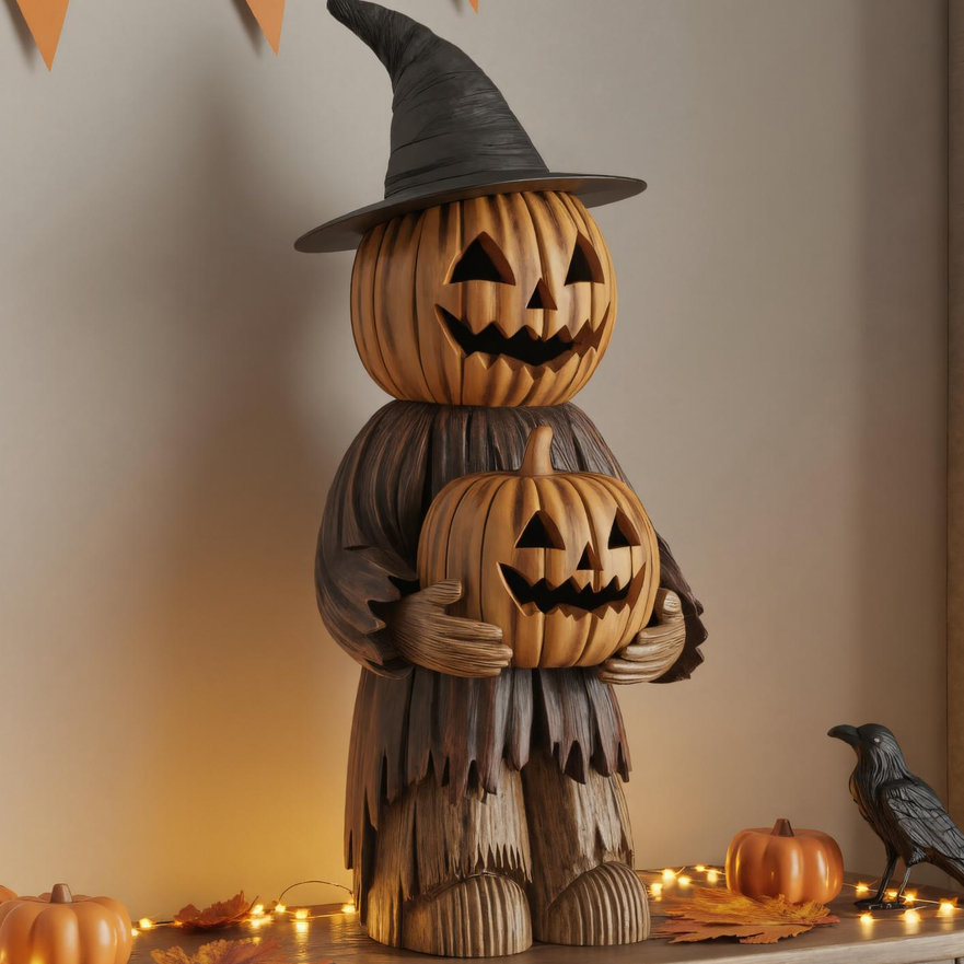 Handcrafted Wooden Pumpkin Witch Statue For Halloween Table Decoration SITHTTHW007