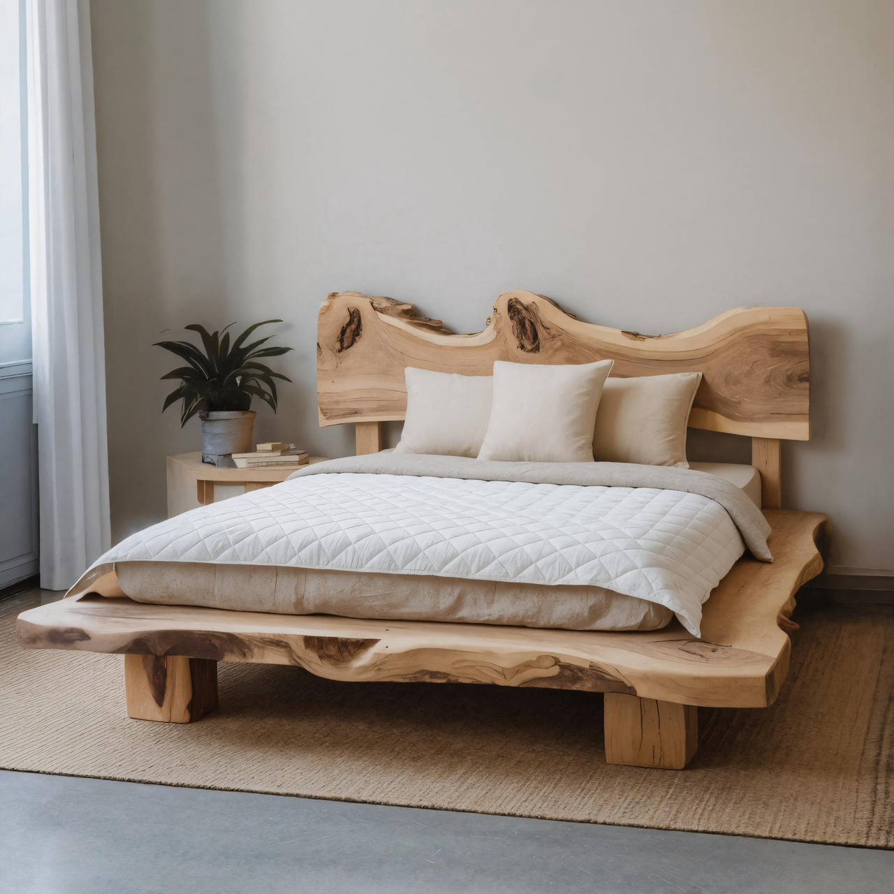 Solid Monkeypod Wood Bed Frame With Organic Headboard For Bedroom SITHHNWO007