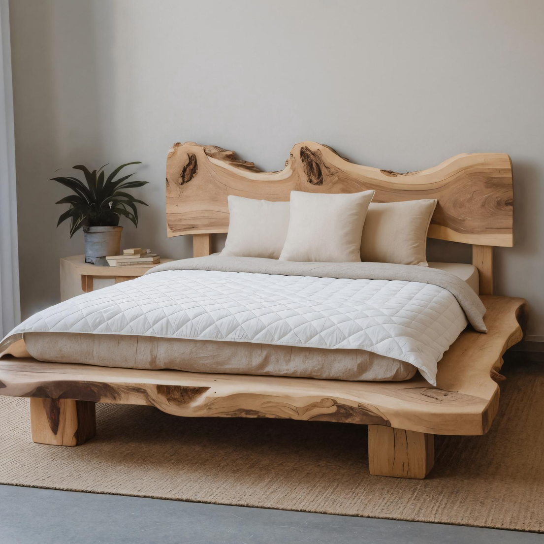Solid Monkeypod Wood Bed Frame With Organic Headboard For Bedroom SITHHNWO007