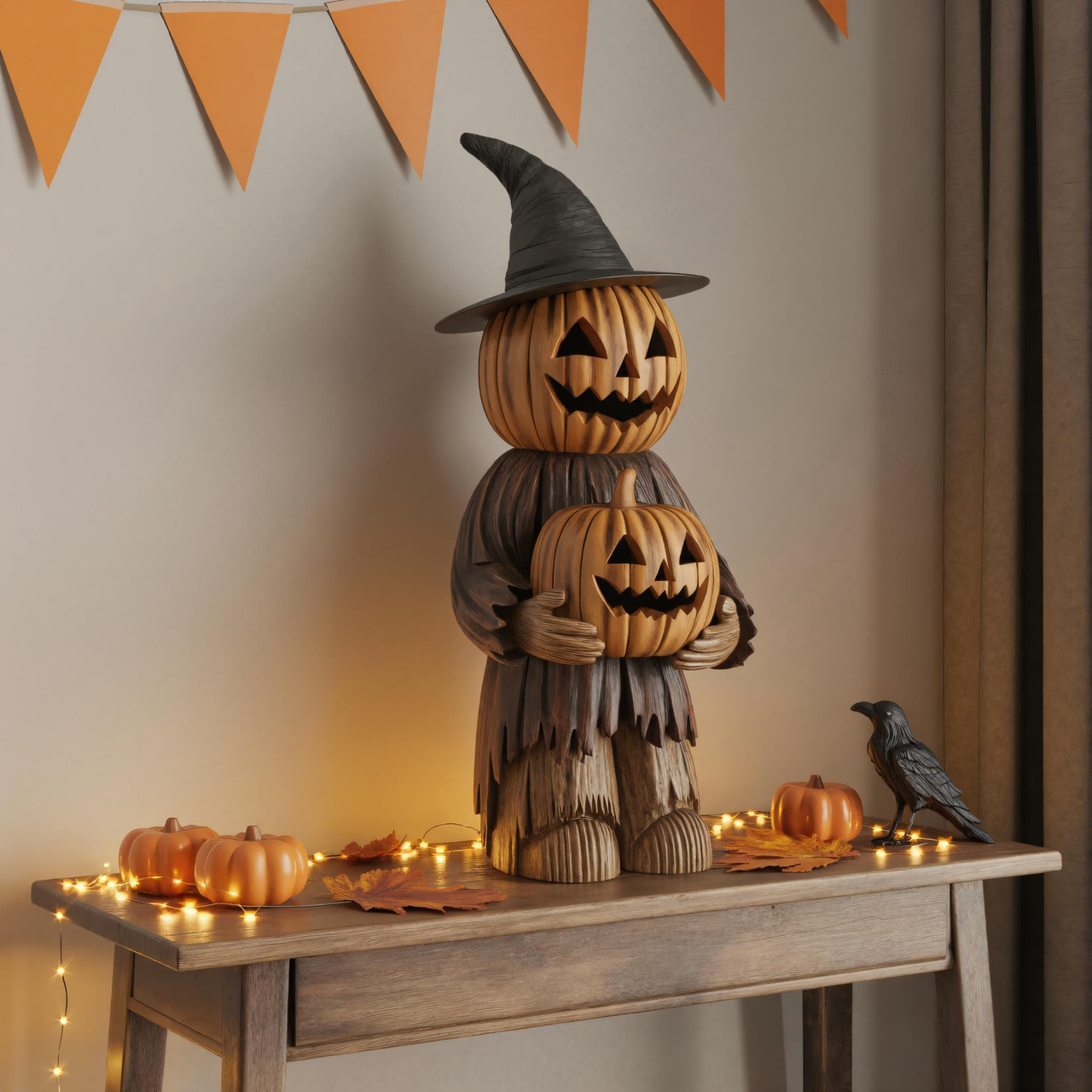 Handcrafted Wooden Pumpkin Witch Statue For Halloween Table Decoration SITHTTHW007