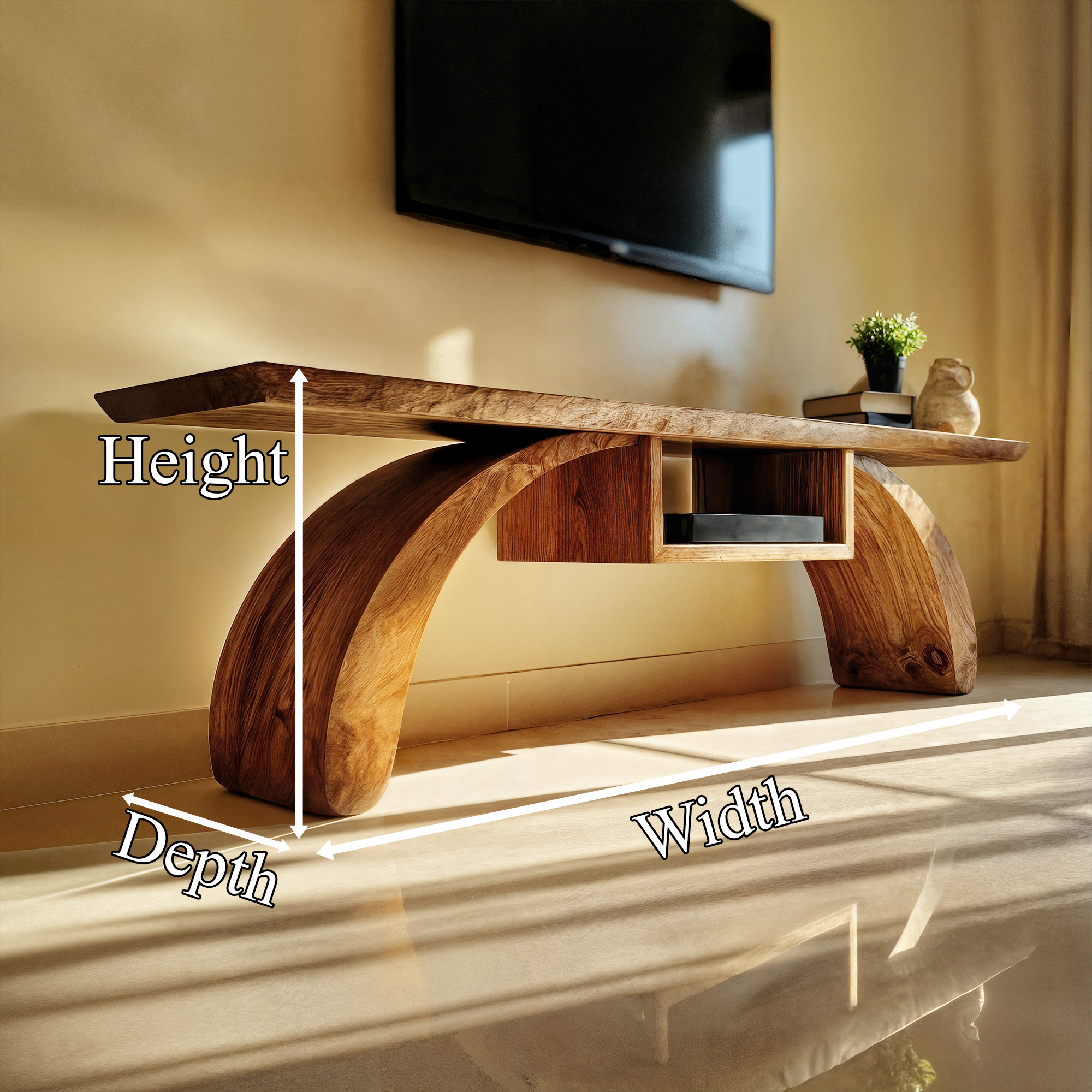 Rustic Wood TV Stand Curved Base Floating Top Living Room SINLKITS006