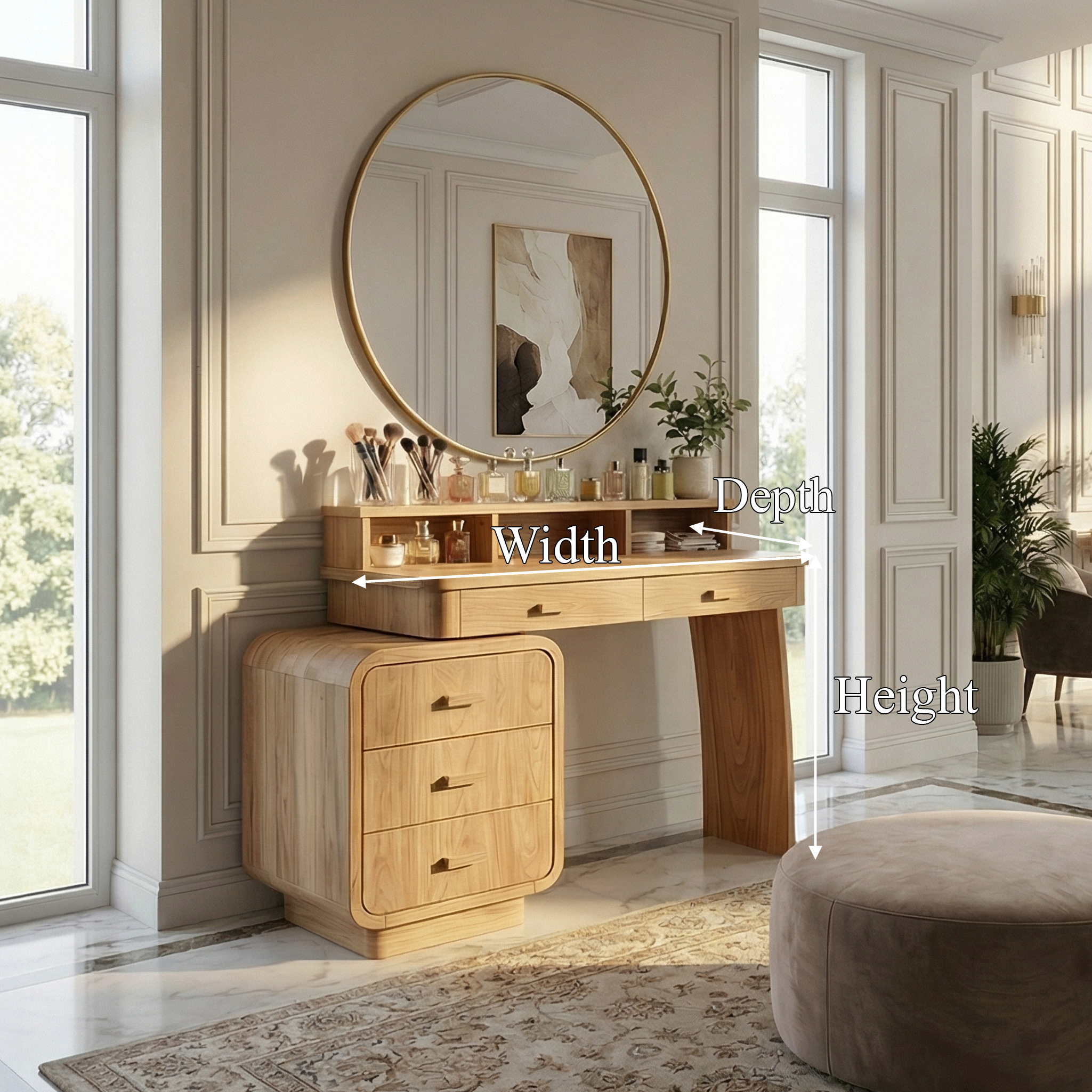 Mid Century Dressing Table With Storage Cabinet Soft Rounded Design For Bedroom SINLSABDT055