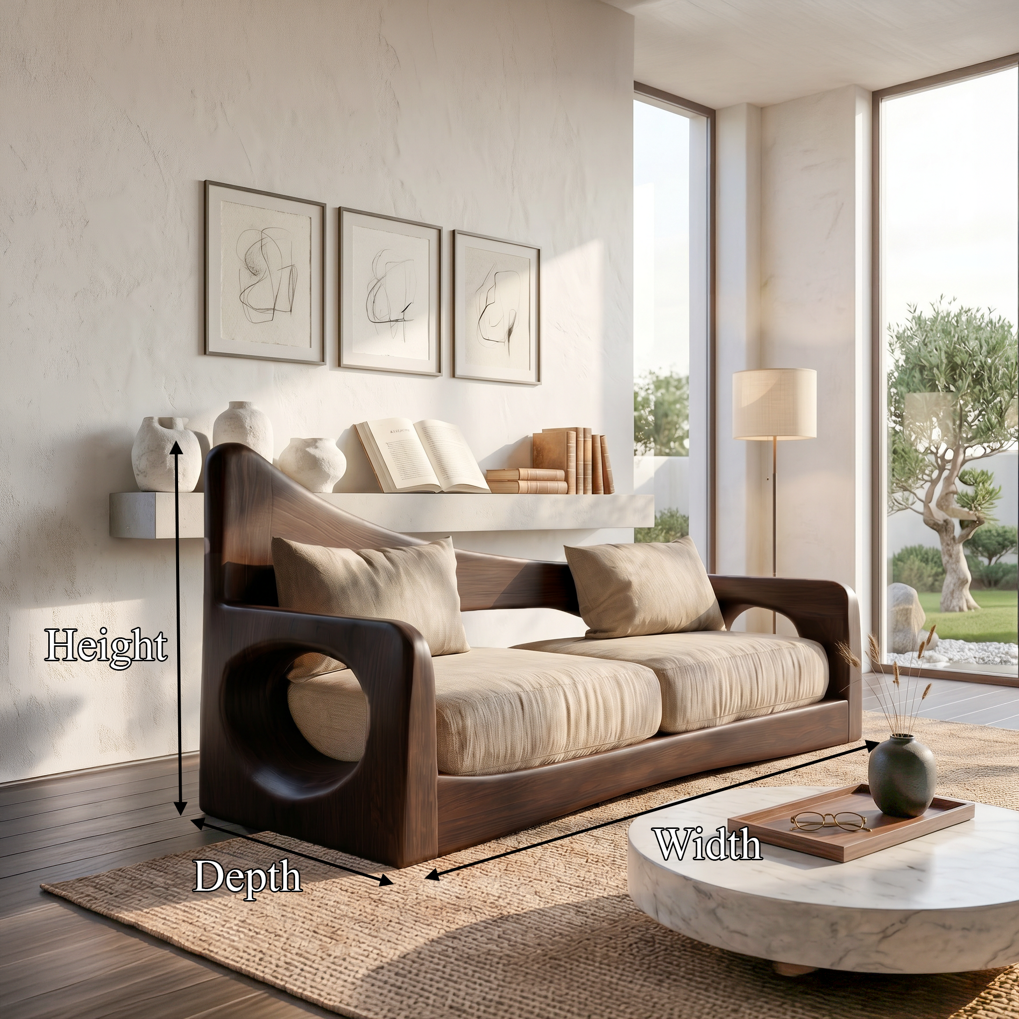 Modern Organic Sofa With Sculptural Perforated Wood Frame SINLSASF042