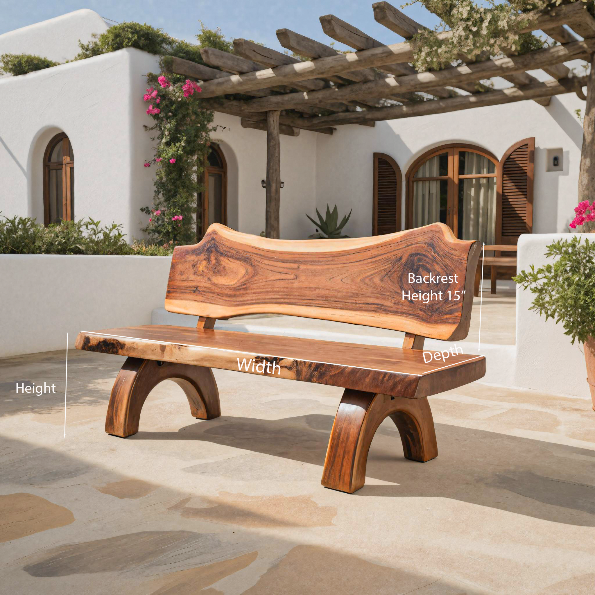 Rustic Live Edge Bench With Backrest For Patio Garden Courtyard SITHTTCHR011
