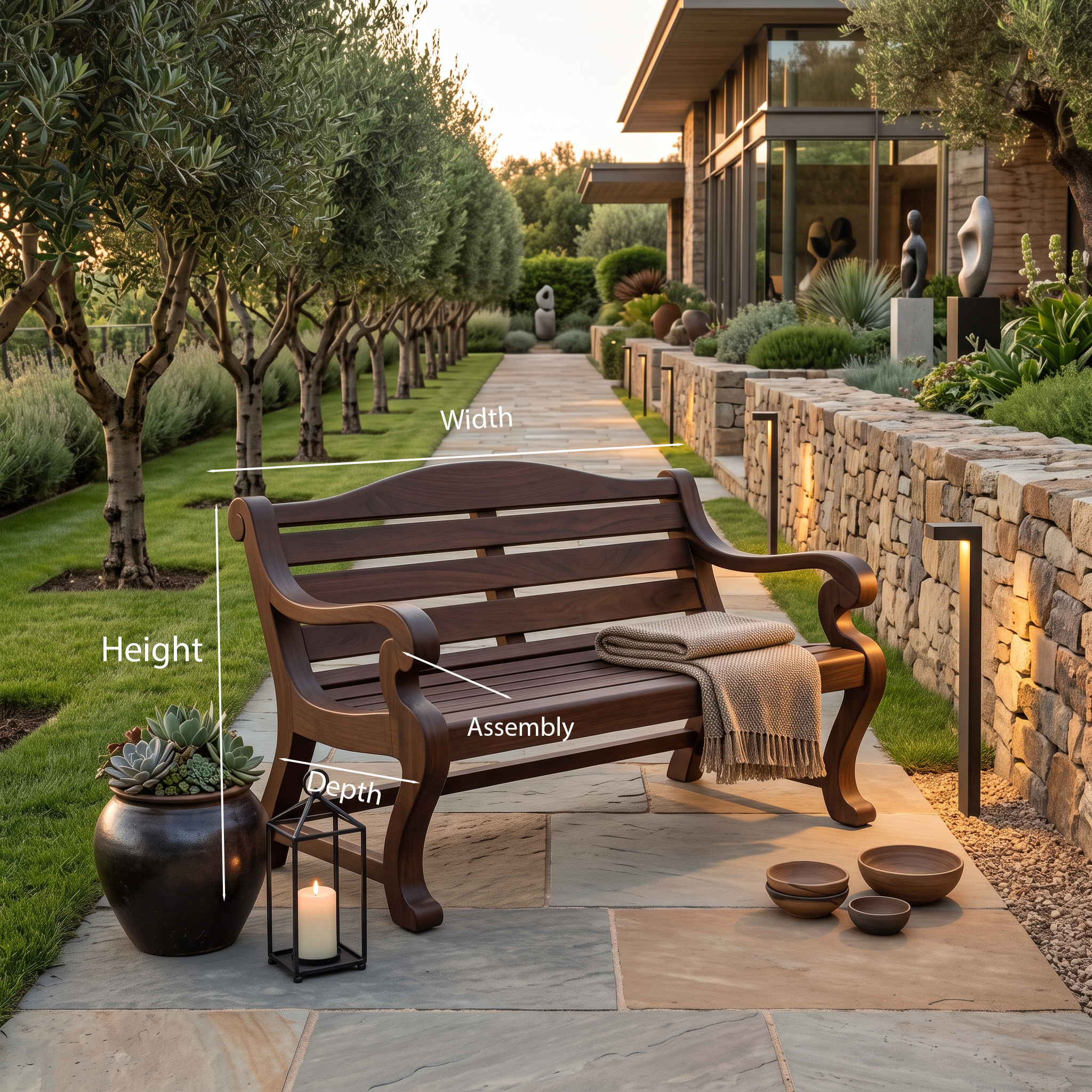 Classic Curved Wood Garden Bench With Sculpted Arms For Patio Or Entryway SITHTTCHR032
