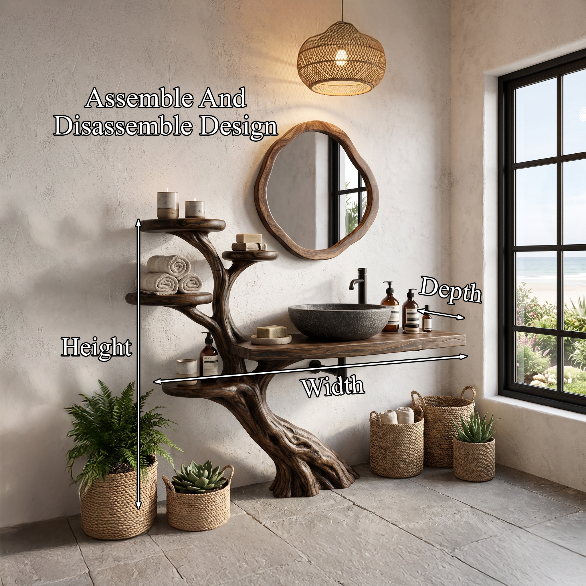 Rustic Bathroom Vanity With Sculptural Wood Structure For Bathroom SINLHABRV321