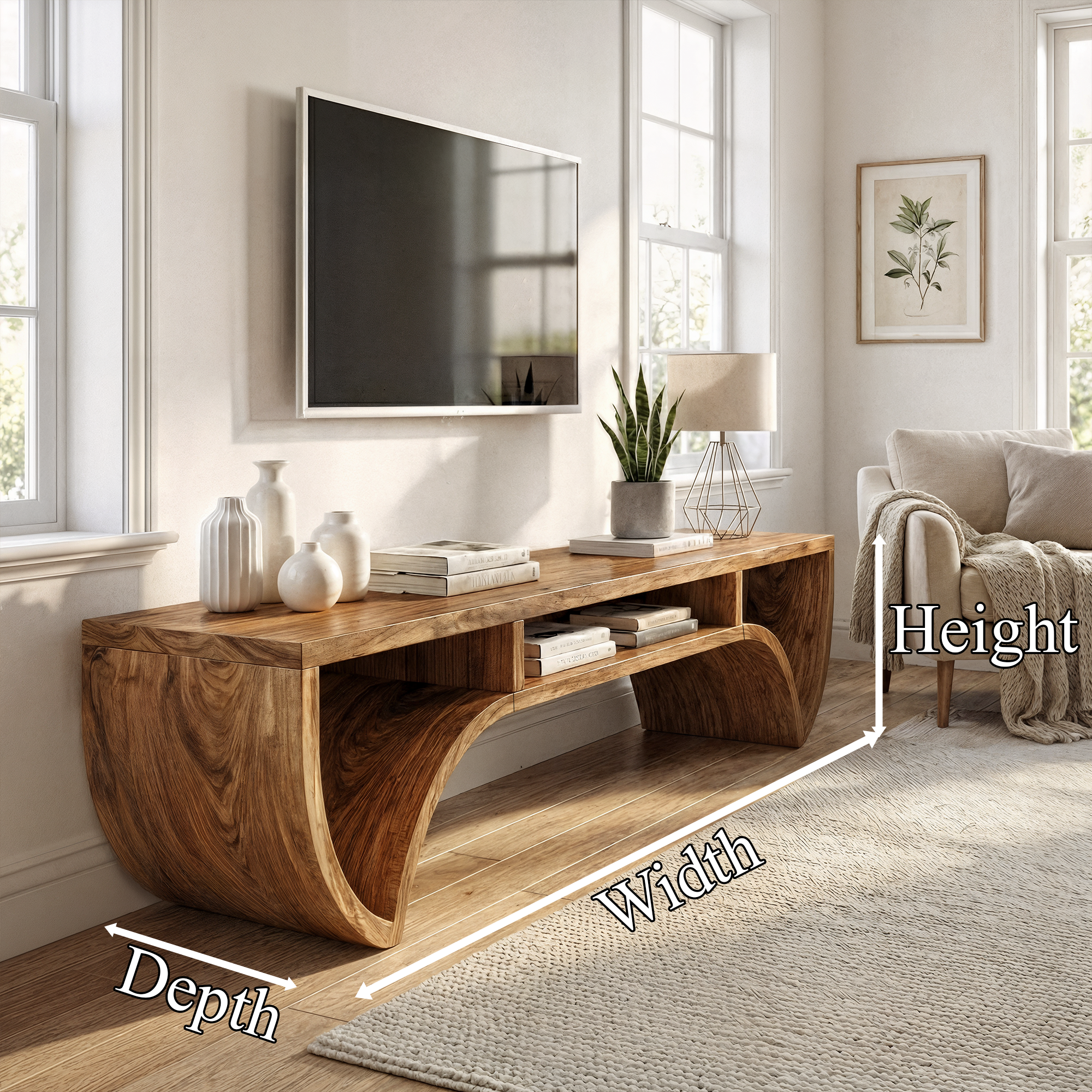 Rustic Solid Wood TV Stand Curved Base Storage Shelf Living Room SINLKITS007
