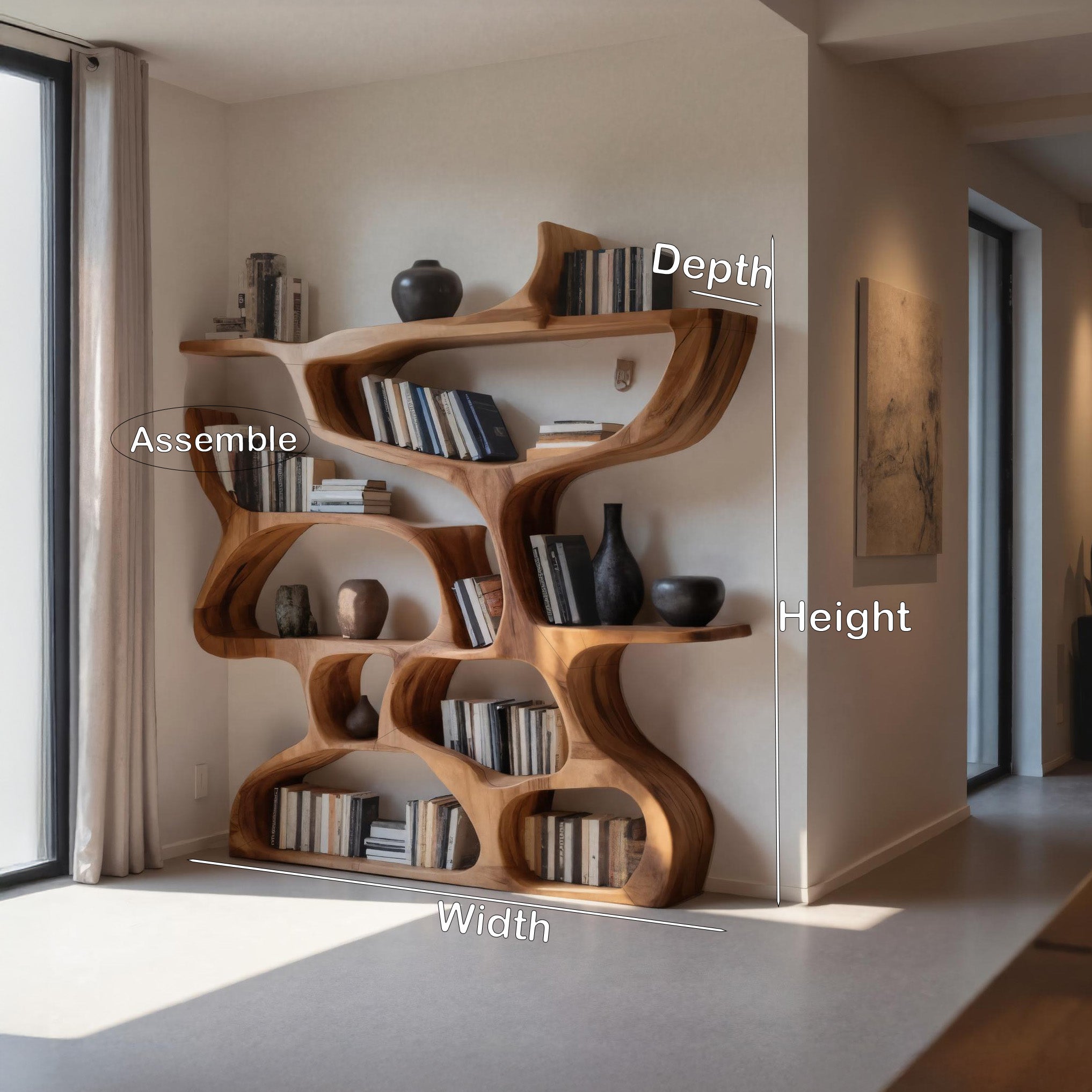 Modern Bookshelf With Organic Carved Design For Living Room Or Office SITHHNBS036