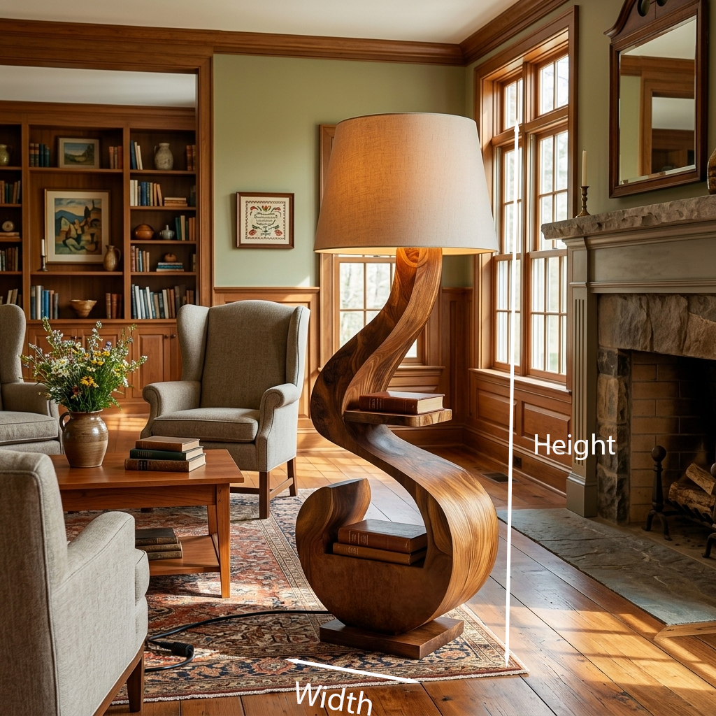 Sculptural Natural Wood Floor Lamp With Shelf For Living Room RTTHTTLAM040
