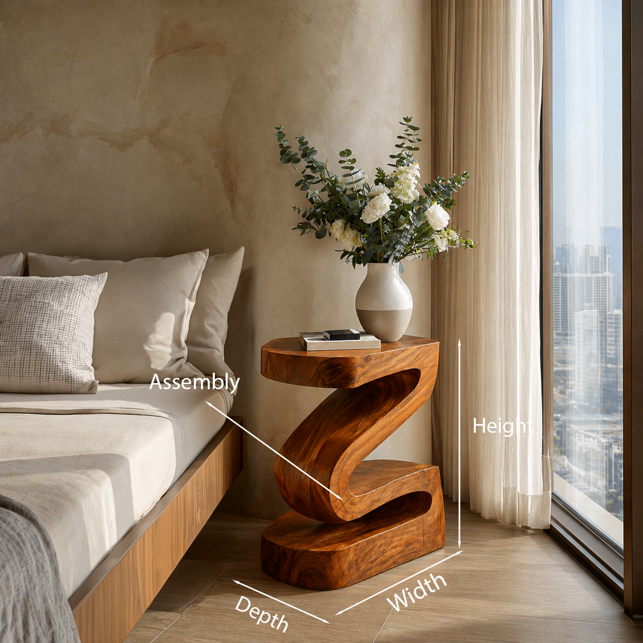 Elegant Natural Wood Nightstand With Curved Form For Bedroom RTTHTTNS023