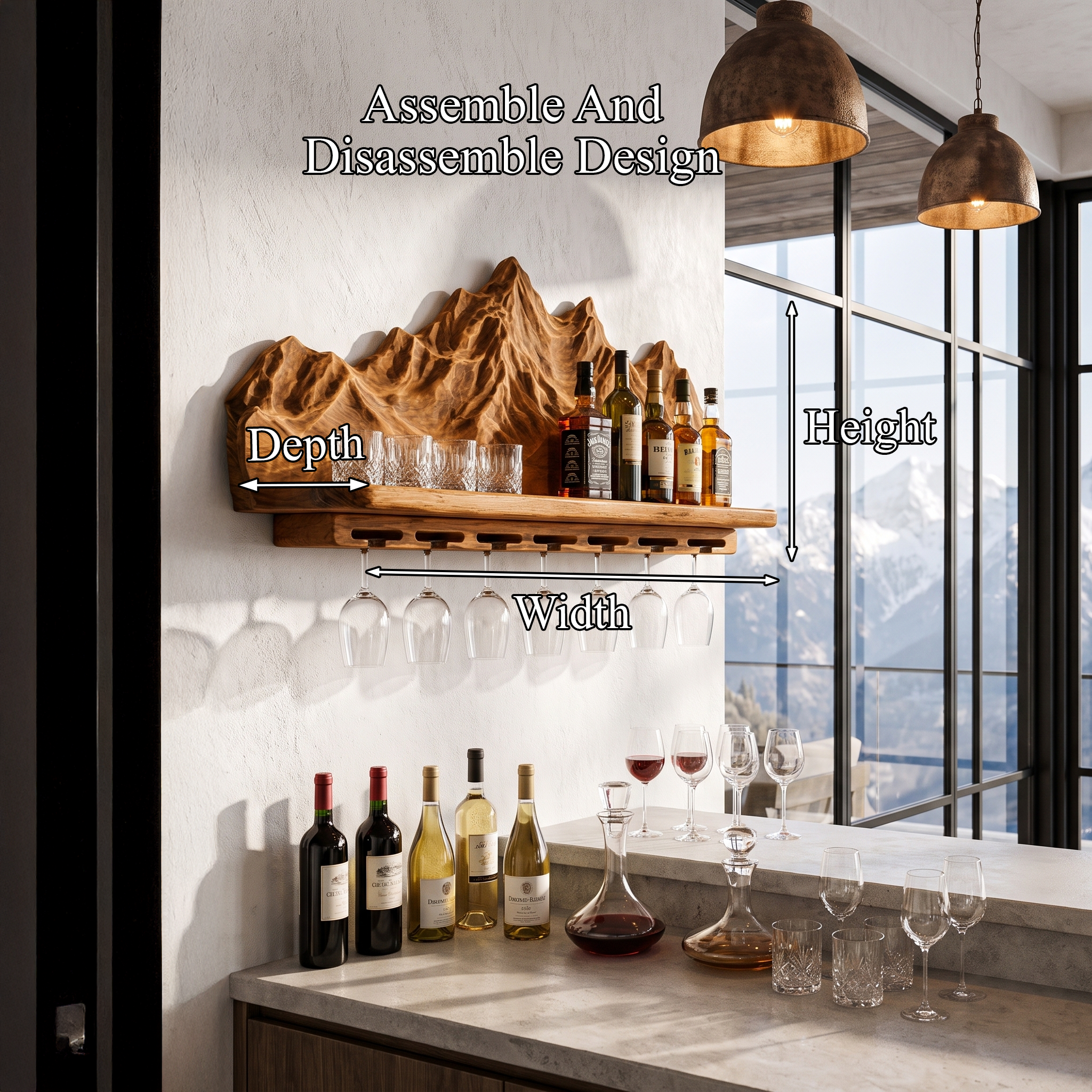 Nature Inspired Wall Wine Holder With Mountain Shelf For Home Bar SINLHAWH045