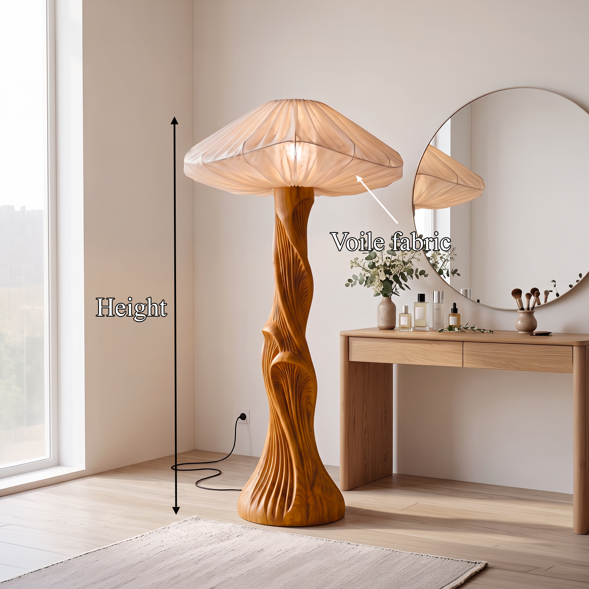 Contemporary Floor Lamp Carved Wood  Mushroom Shade Pedestal Lounge SINLSAFLP134