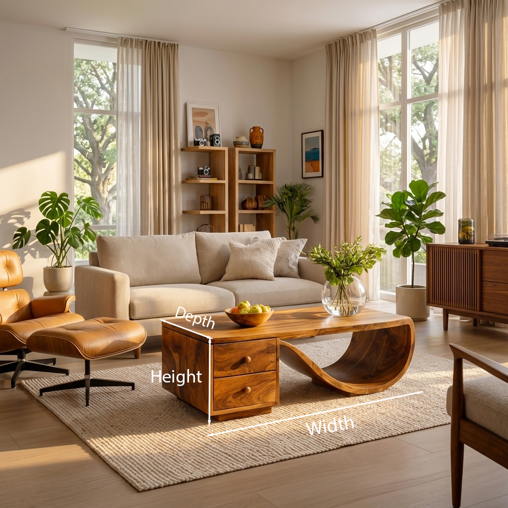 Wood Coffee Table With Unique Curved Base And Drawer For Home RTTHTTCF053