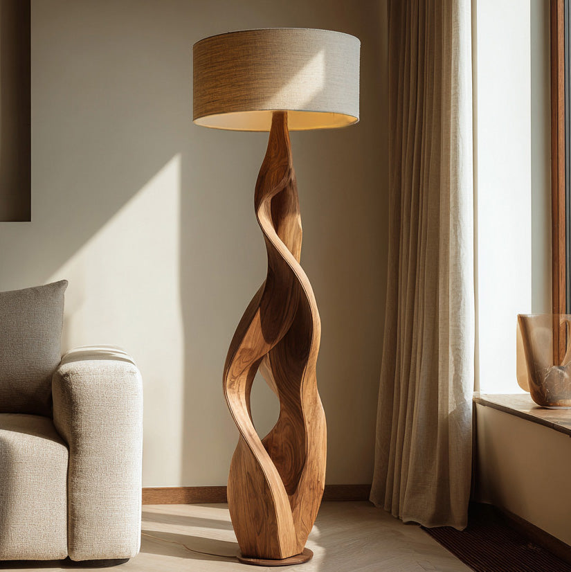 Sculptural Wooden Floor Lamp With Fabric Shade For Bedroom RTTHHNLAM064