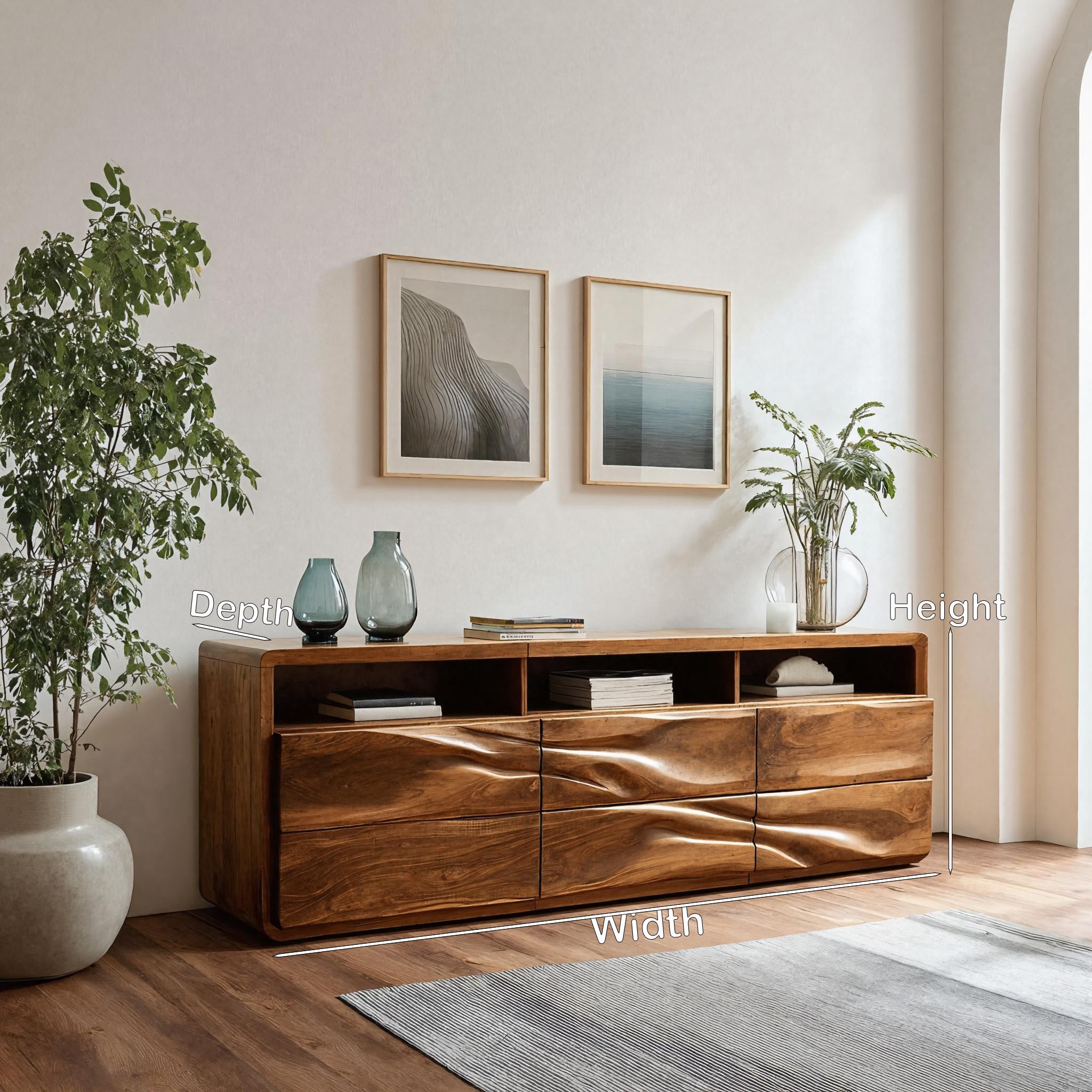 Organic Wave Carved Wood Sideboard For Living Room RTTHHNSD029