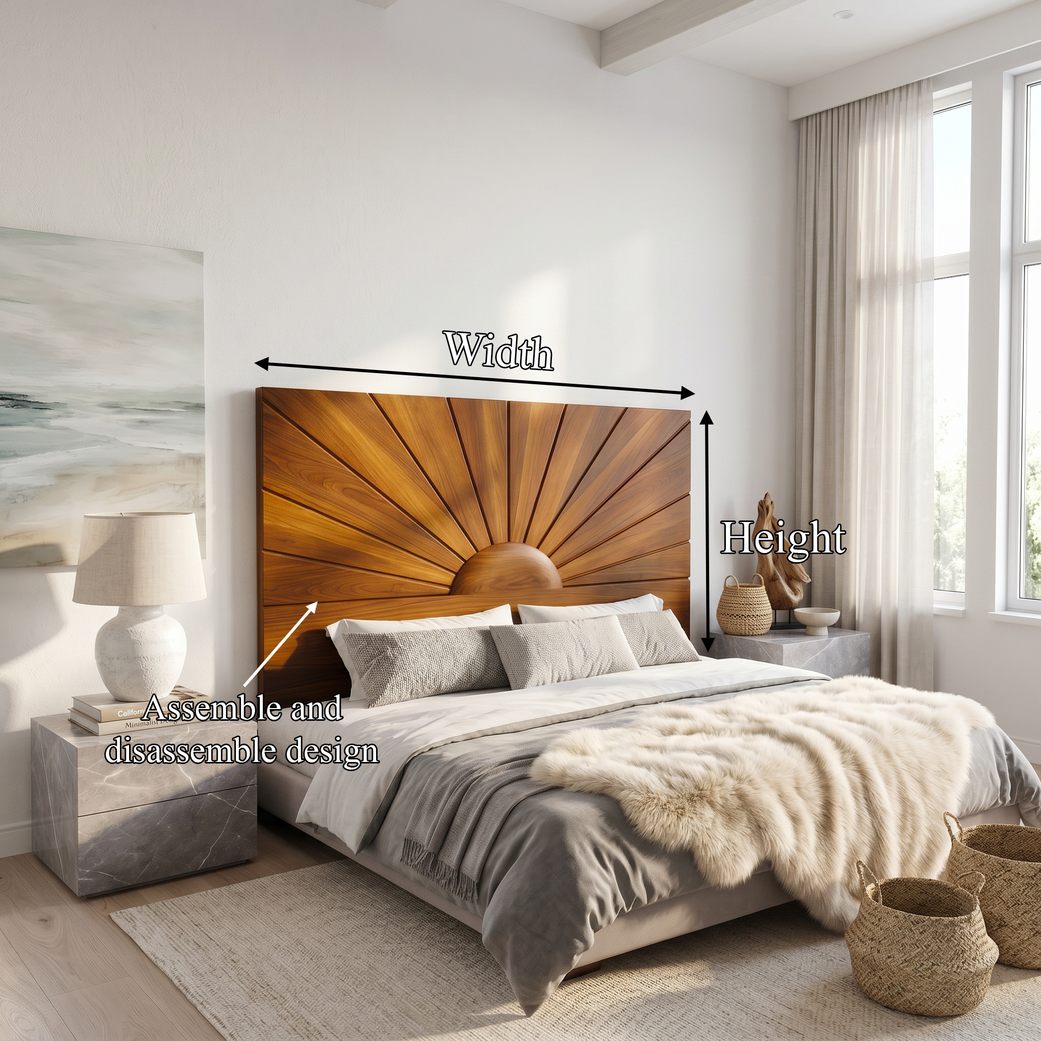 Organic Sunburst Headboard Solid Wood Bed Headboard For Bedroom SINLSAHB036