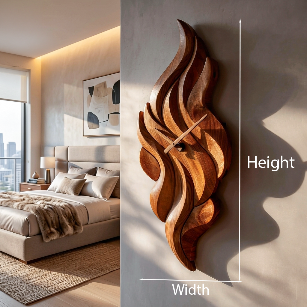Modern Wooden Wall Clock With Sculptural Wave Carving For Interior RTTHTTWAC006
