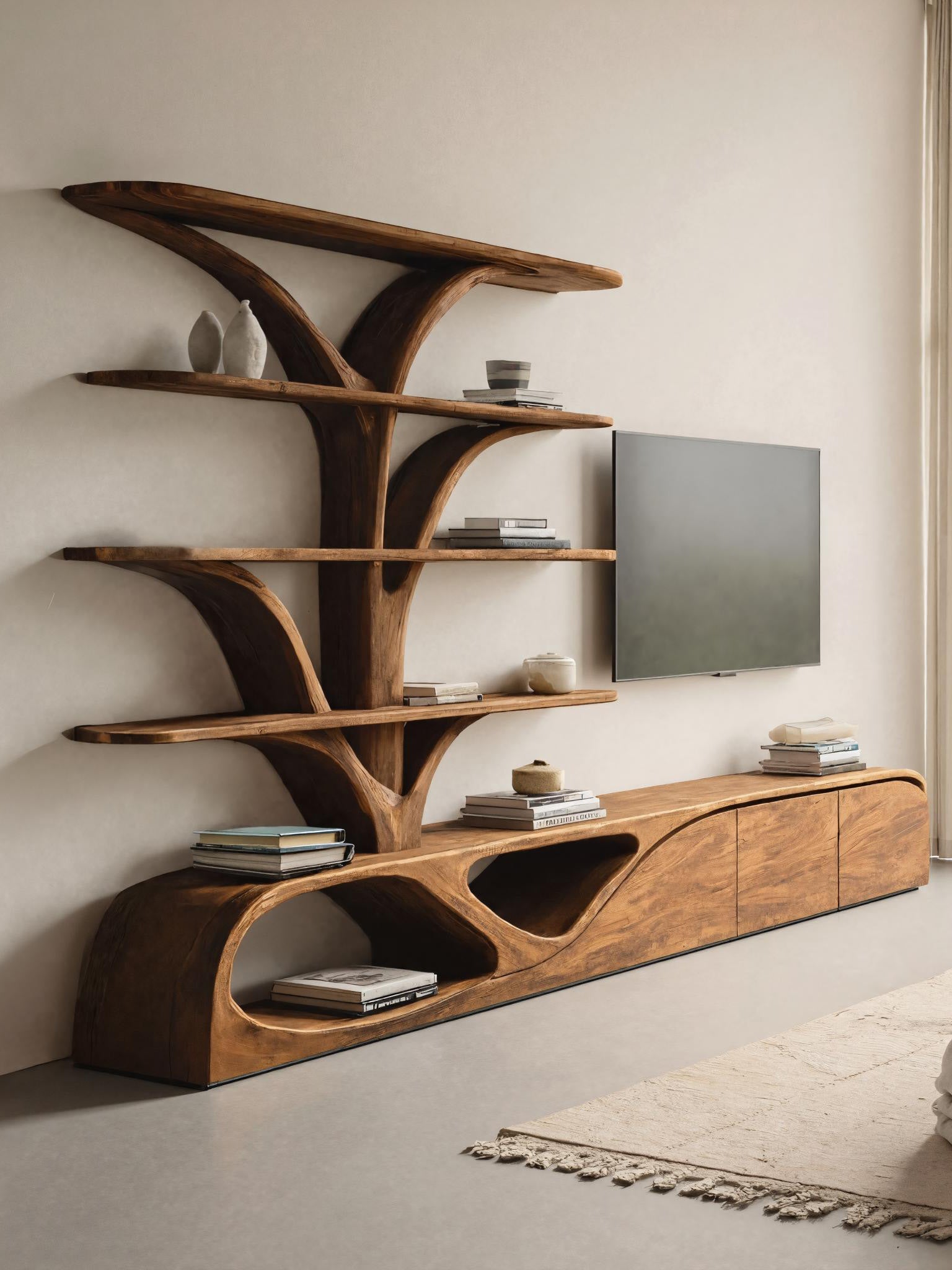 Organic TV Shelf With Tree Shape Bookshelf For Living Room SITHHNTVC043