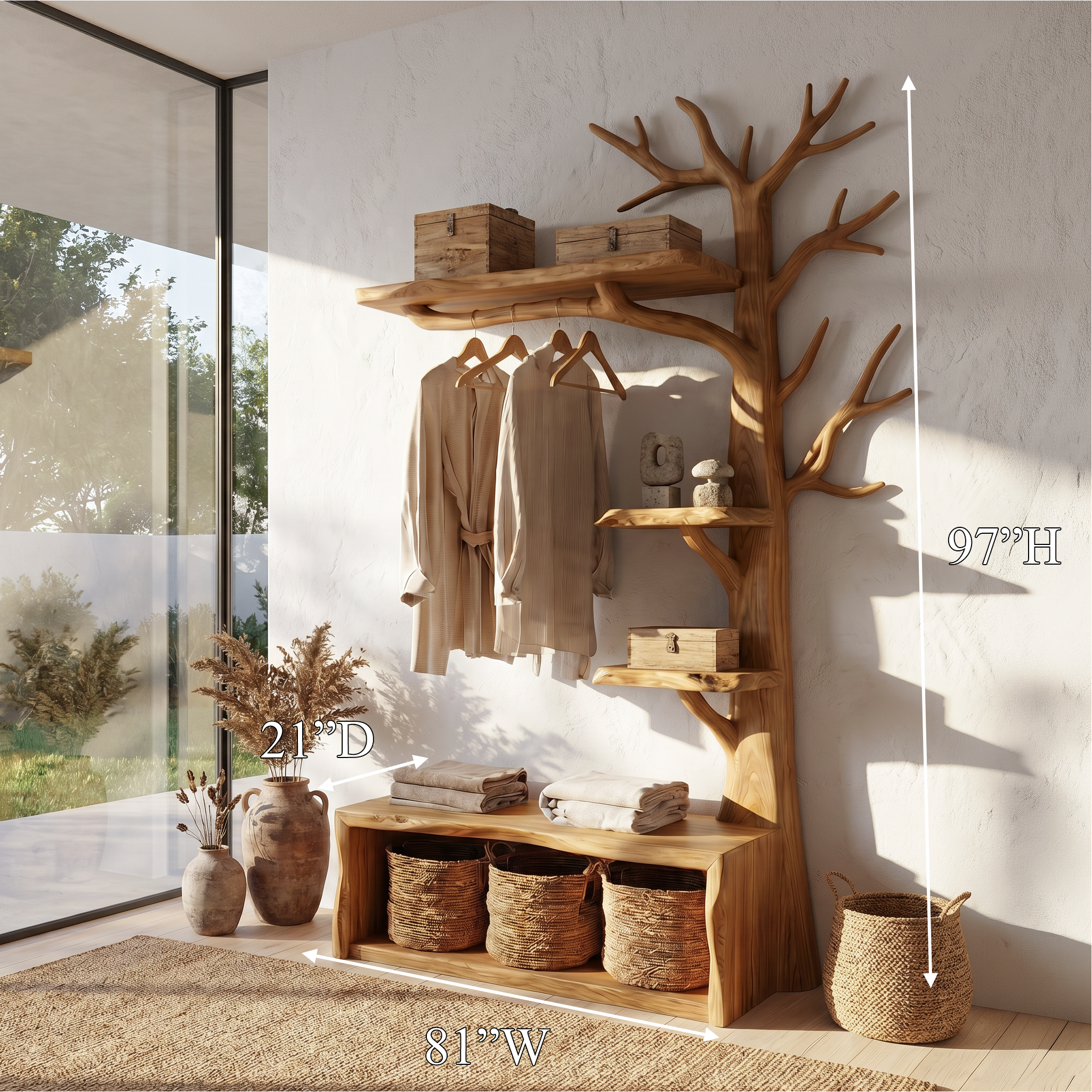 Natural Tree Coat Rack Bench Entryway And Hallway SINLSATCR114