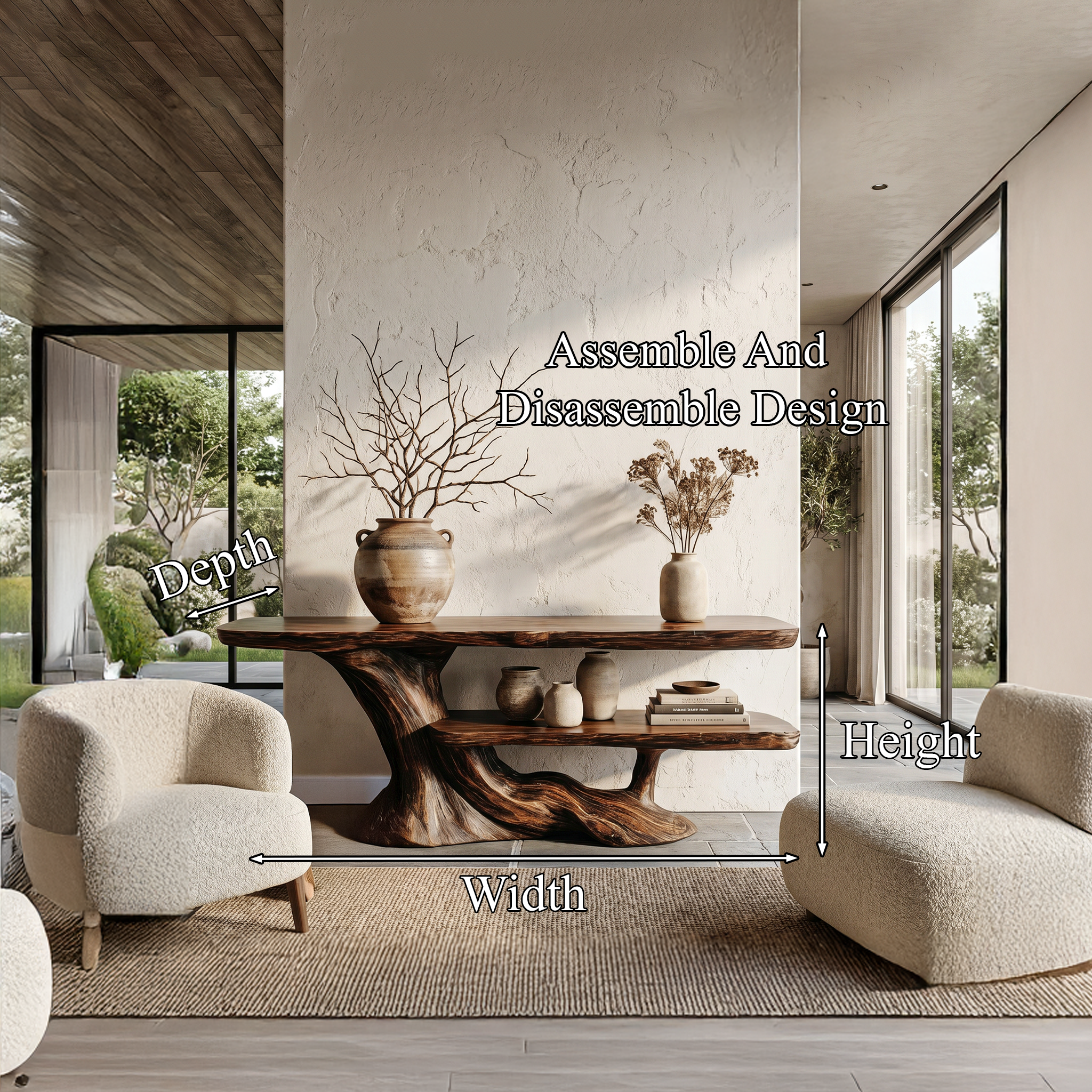 Rustic Console Table With Handcrafted Tree Root Base And Tiered Shelves For Entryway SINLHACS627