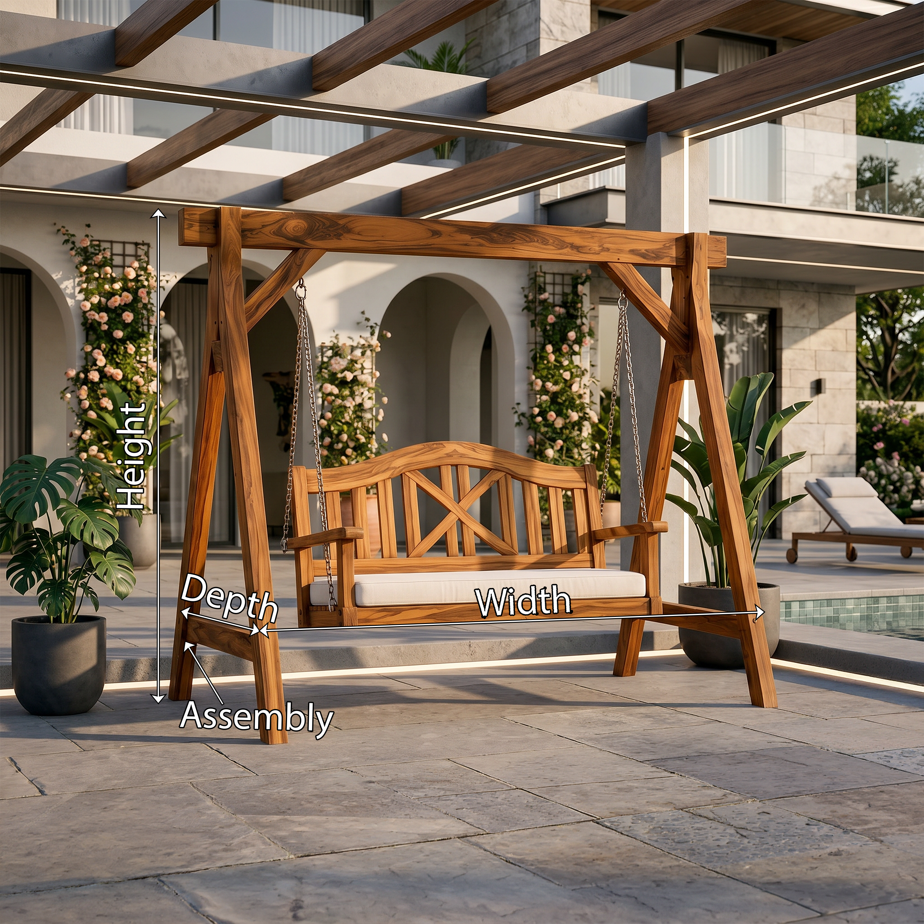 Mediterranean Wooden Swing Bench Villa Patio SILDTTRSWI014