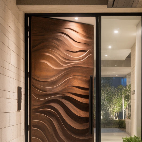 Contemporary Carved Front Door With Wave Pattern For Home Exterior SITHHNDOR026