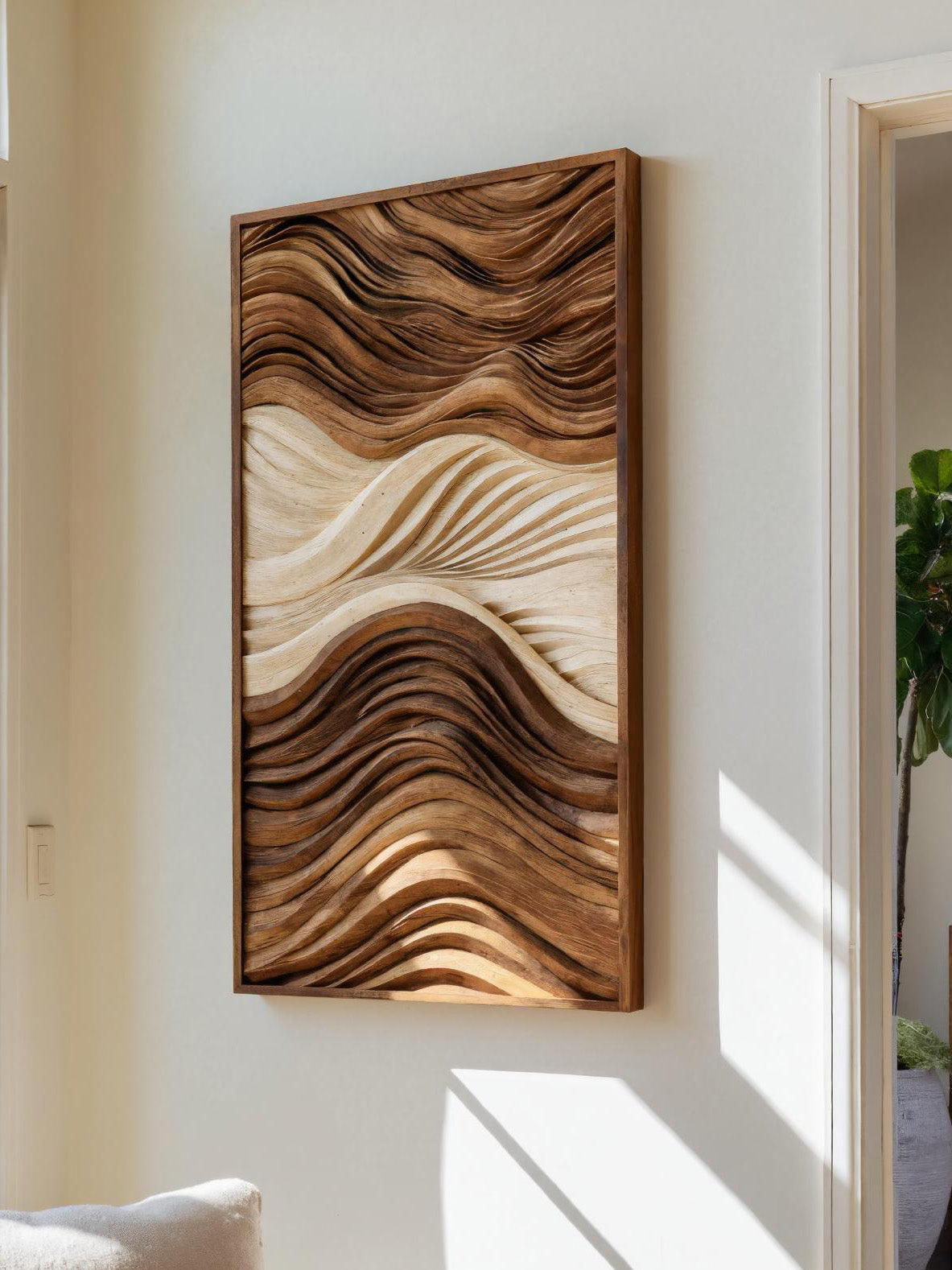 Vertical Sculptural Wall Art With Wave Carved Design For Entryway SITHHNWA044