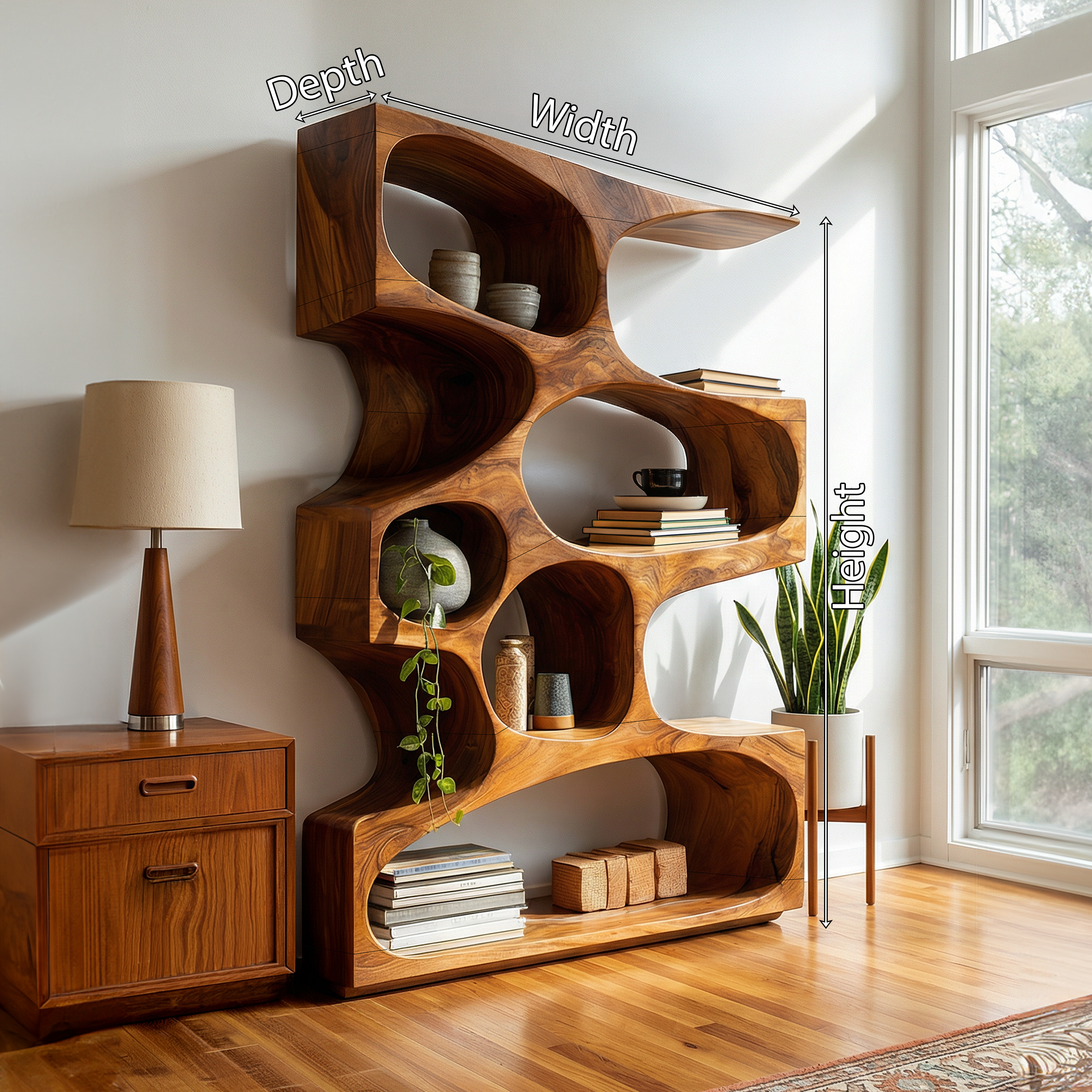 Mid Century Modern Wavy Bookshelf Bedroom Corner Storage SILDTTRBS021