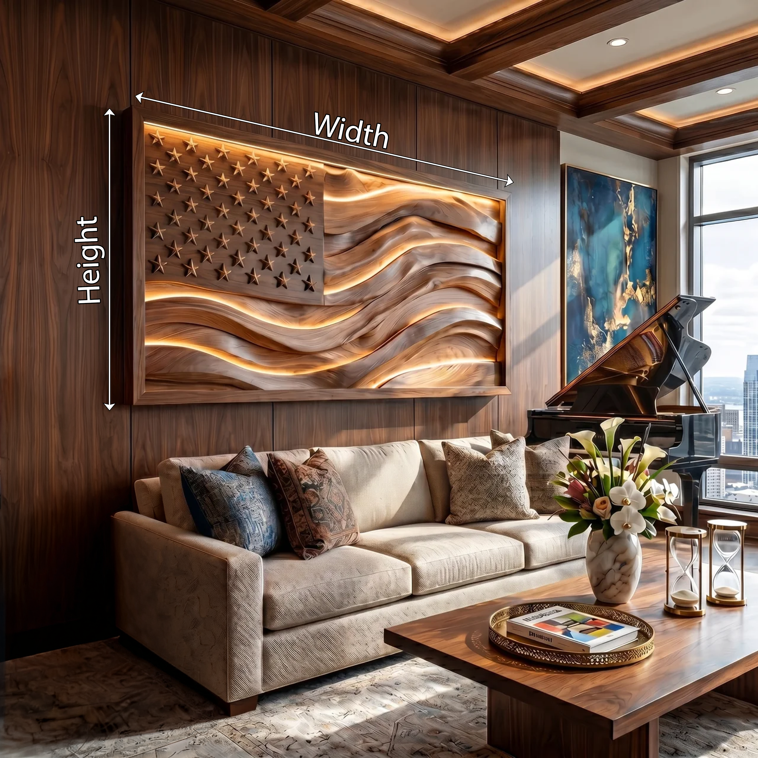Illuminated American Flag Wood Wall Art Elegant Office Interior Decor SILDTTRWA111