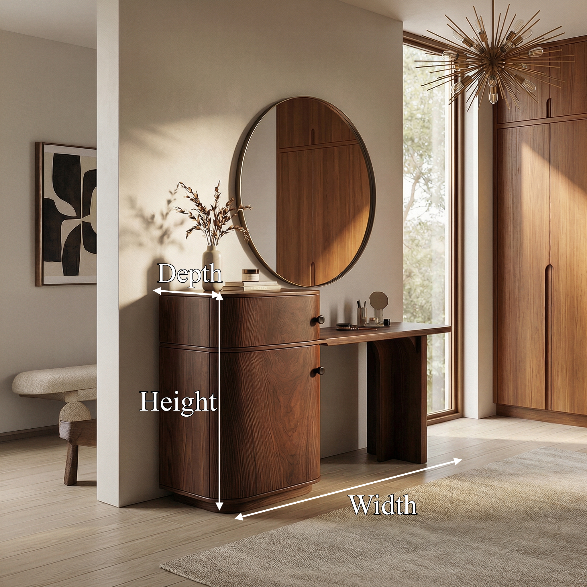 Scandinavian Dressing Table With Storage Cabinet Warm Minimalist Rounded Design For Bedroom SINLSABDT058