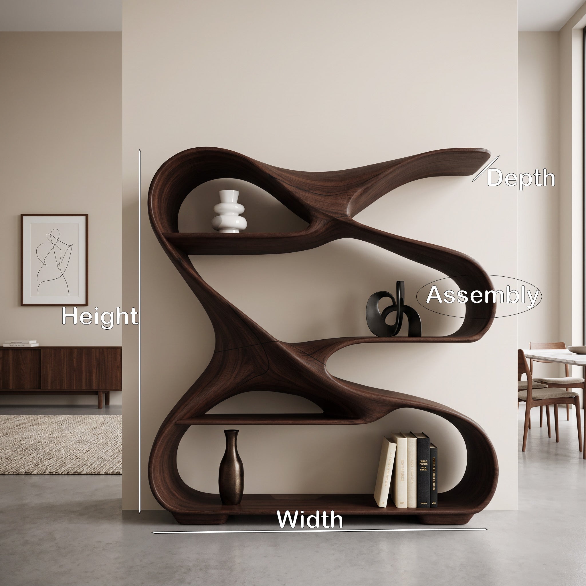 Modern Sculptural Wooden Bookshelf For Living Room Or Office Display SITHHNBS005