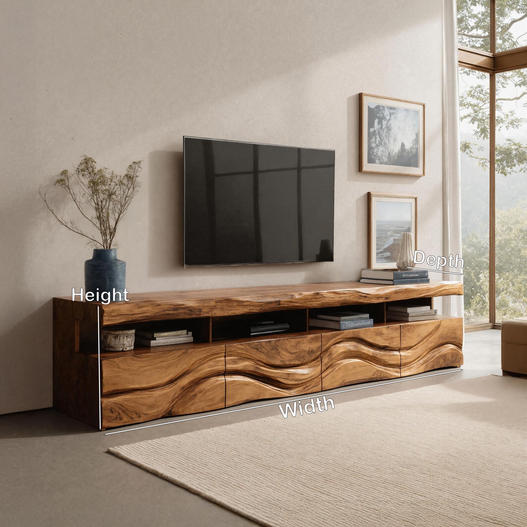 Modern Wave Carved Wood TV Stand For Living Room RTTHHNTVC078