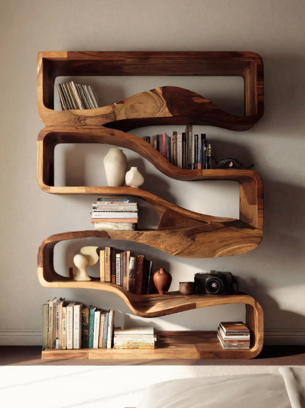 Modern Curved Bookshelf With Flowing Design For Bedroom SITHHNBS033