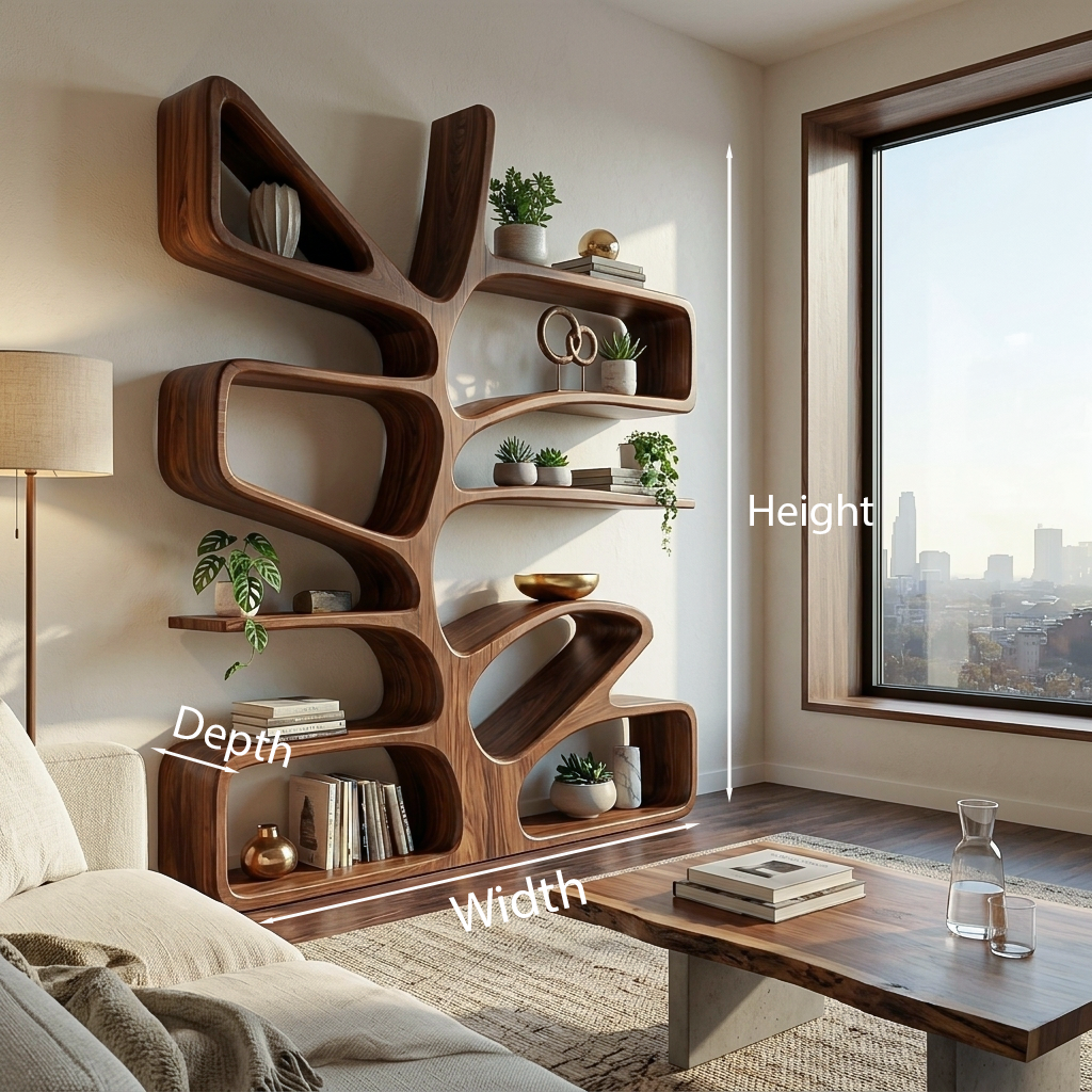 Organic Wooden Bookcase With Sculptural Form For Living Space RTTHTTBS130
